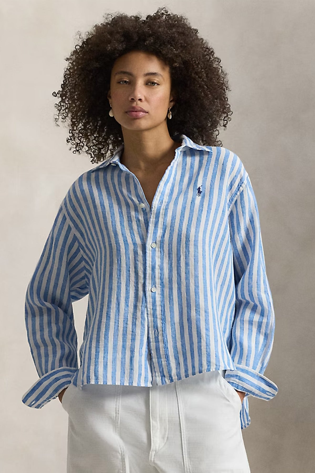 Polo Ralph Lauren Crop Boxy Fit Çizgili Keten Gömlek-Gömlek-Libas