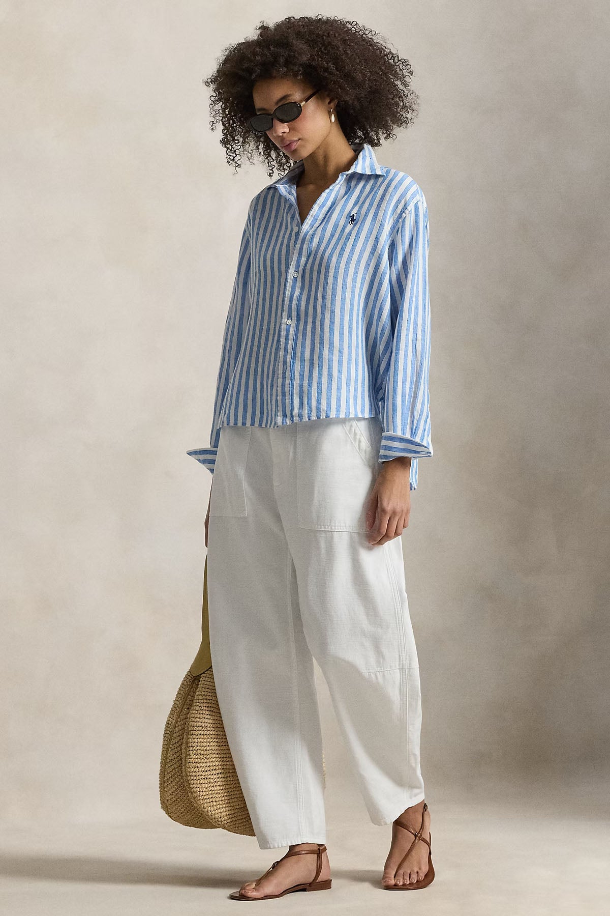 Polo Ralph Lauren Crop Boxy Fit Çizgili Keten Gömlek-Gömlek-Libas