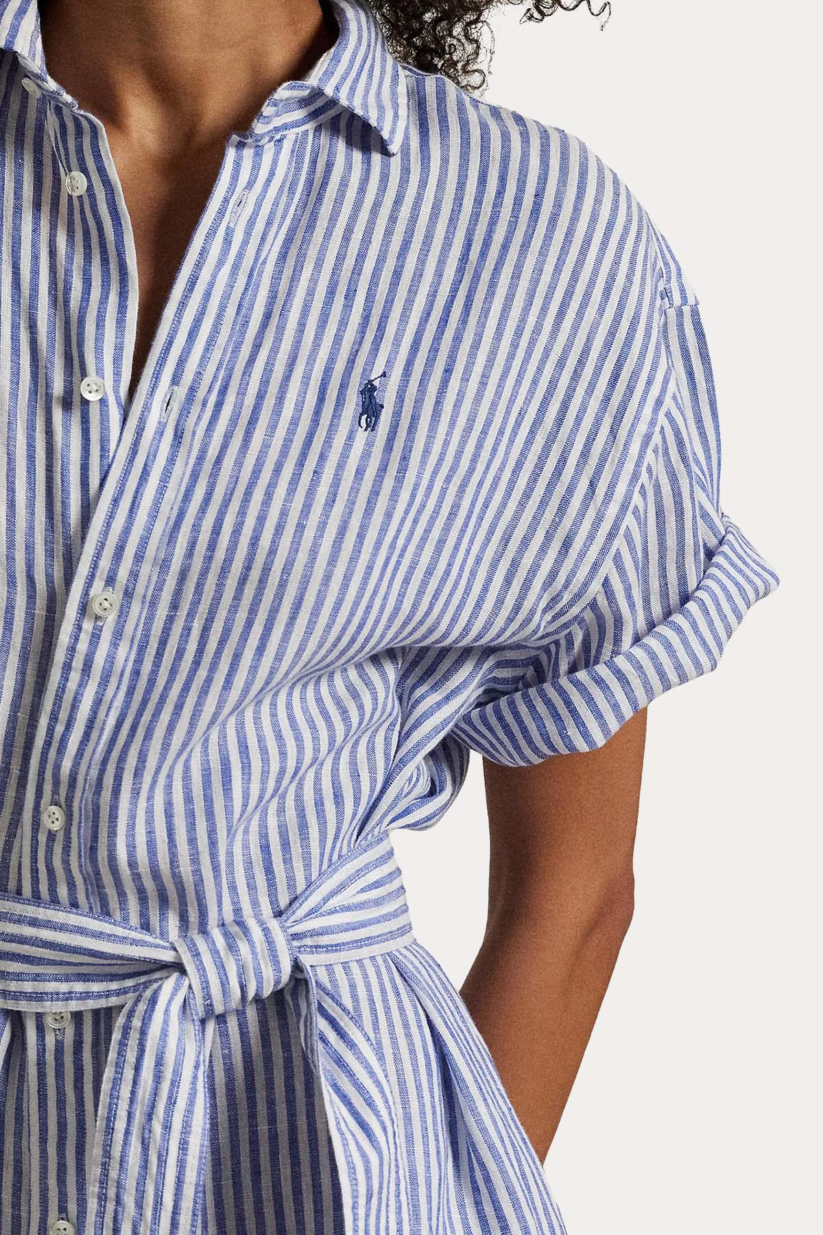 Polo Ralph Lauren Çizgili Kemerli Midi Keten Elbise