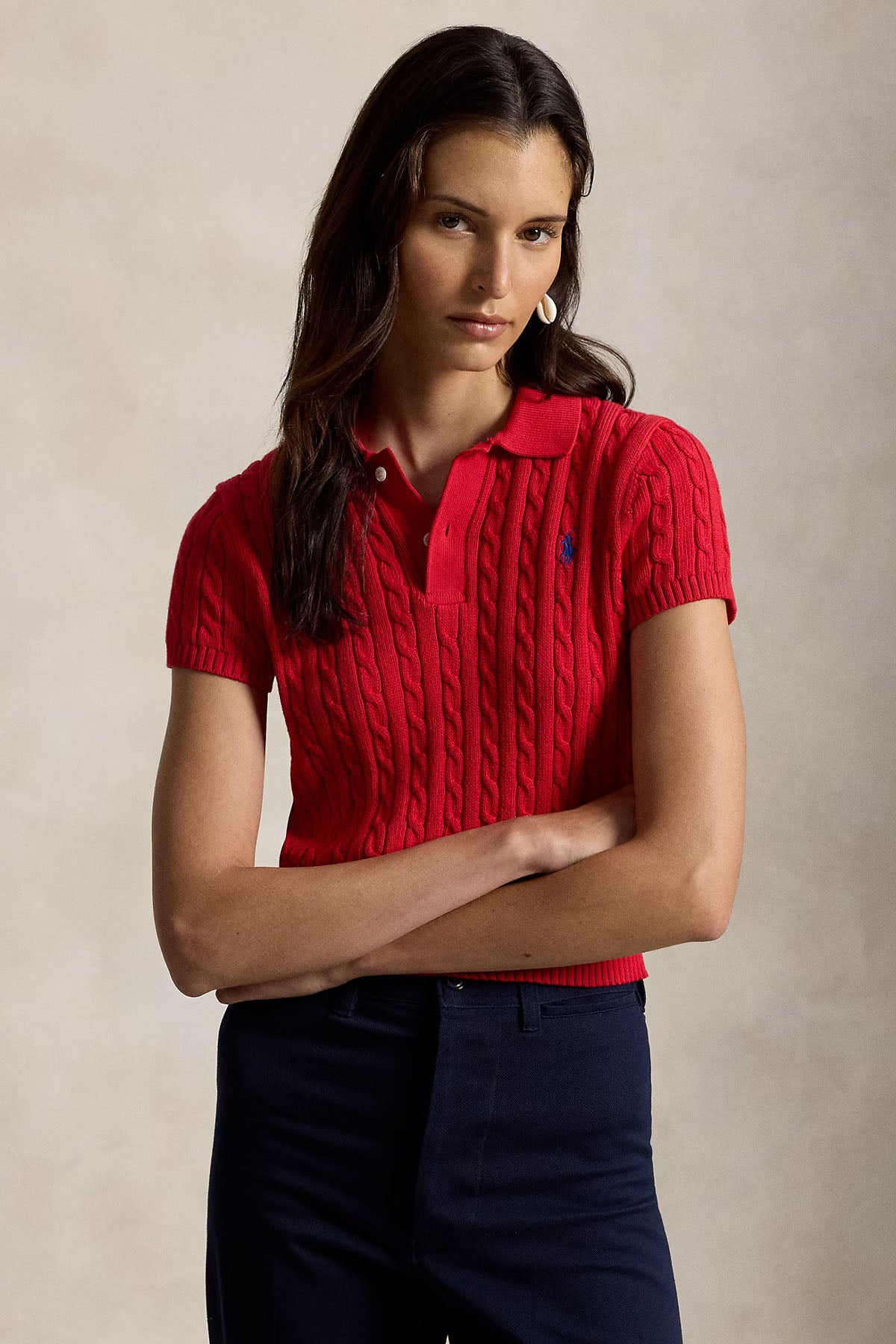 Polo Ralph Lauren Slightly Cropped Fit Polo Yaka Saç Örgü Triko