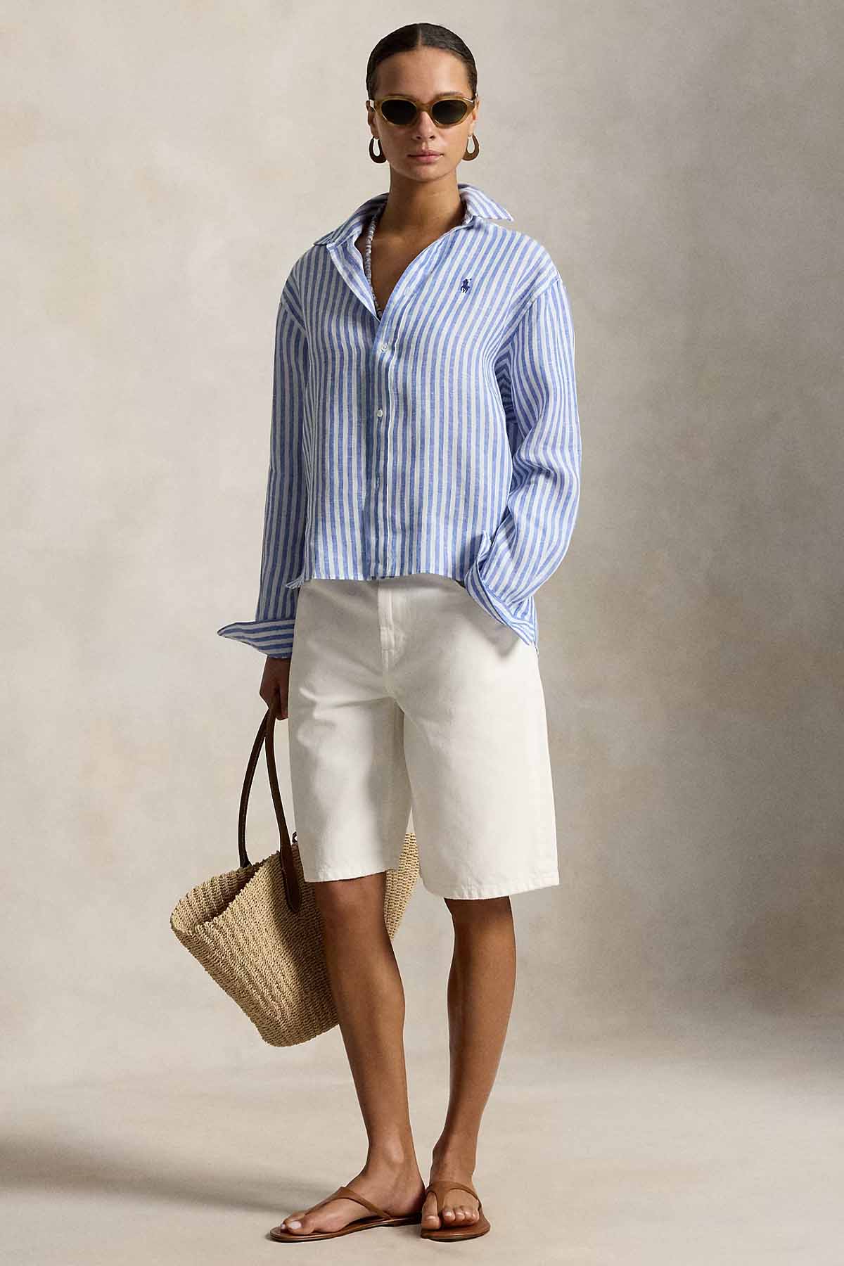 Polo Ralph Lauren Crop Boxy Fit Çizgili Keten Gömlek