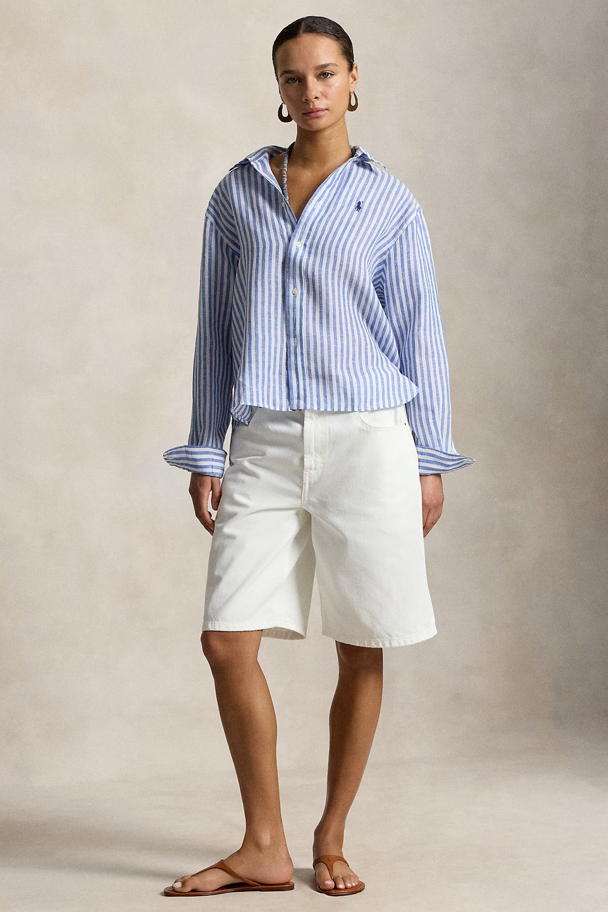 Polo Ralph Lauren Crop Boxy Fit Çizgili Keten Gömlek