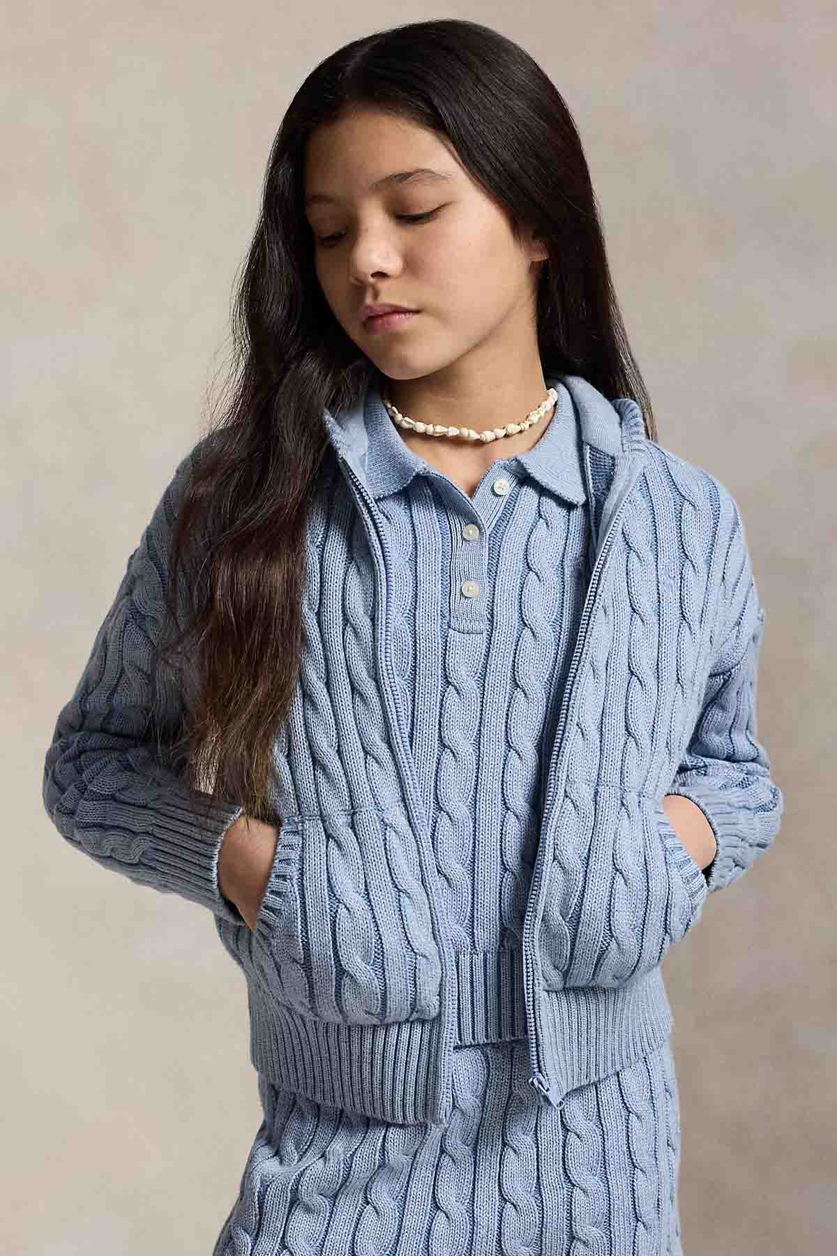 Polo Ralph Lauren Kids S-L Beden Unisex Çocuk Saç Örgü Kapüşonlu Triko Ceket