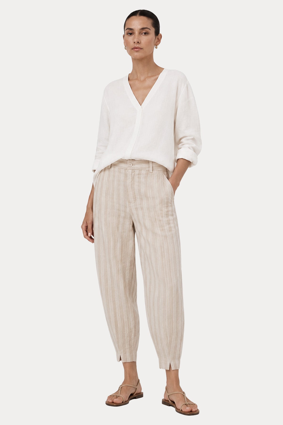 Transit Relaxed Fit Çizgili Streç Keten Pantolon