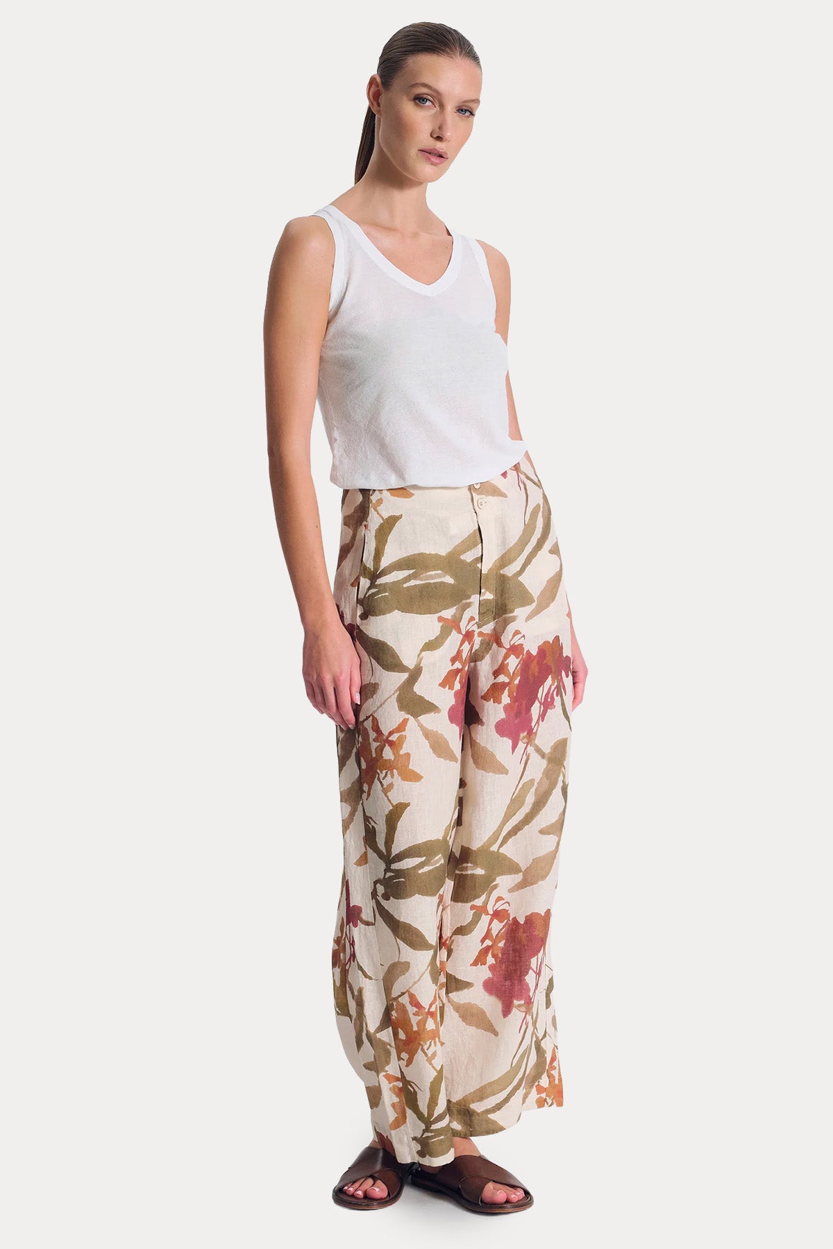 Transit Loose Fit Jakar Çiçek Desenli Keten Pantolon-Pantolon-Libas