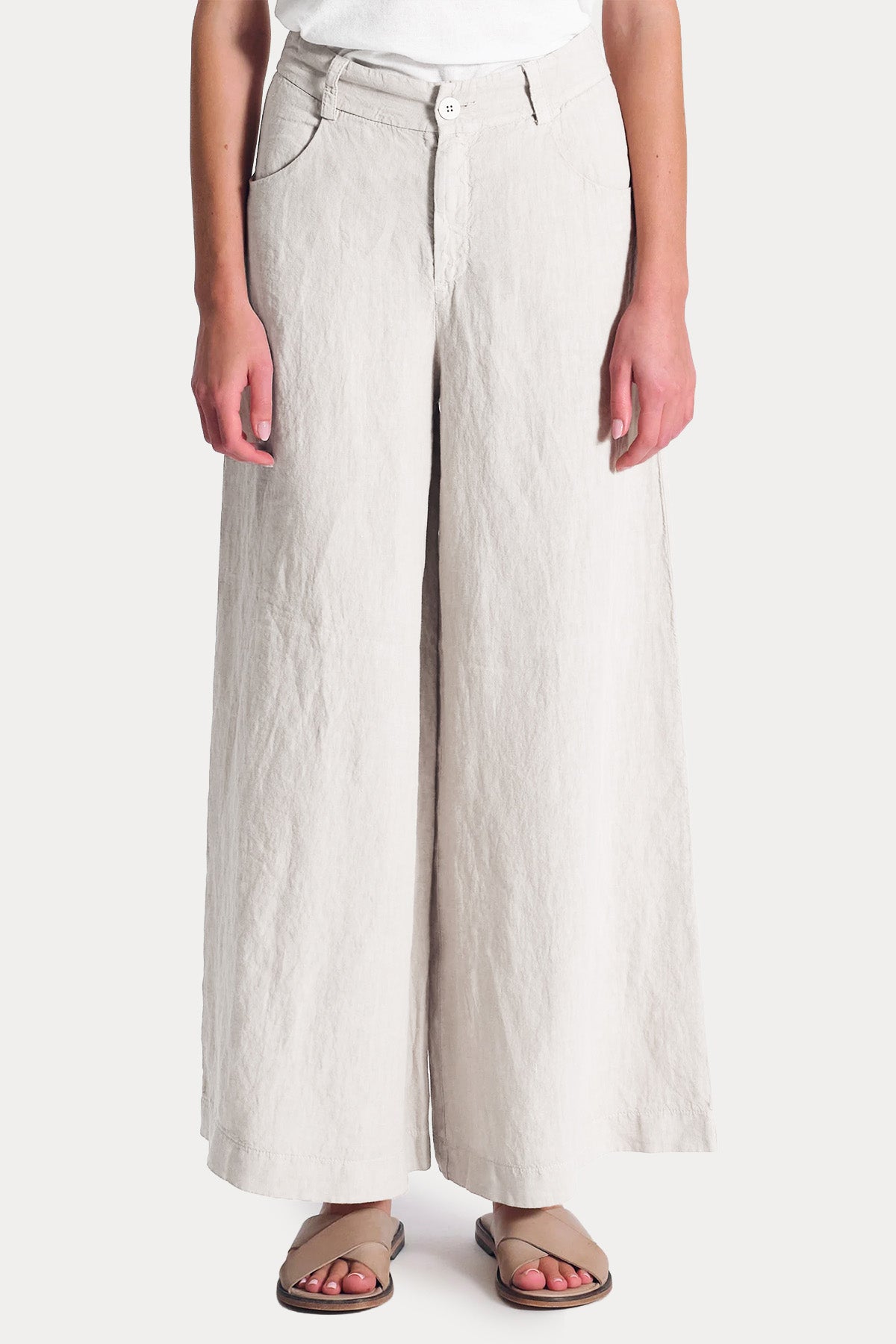 Transit Wide Leg Yüksek Belli Keten Pantolon-Pantolon-Libas