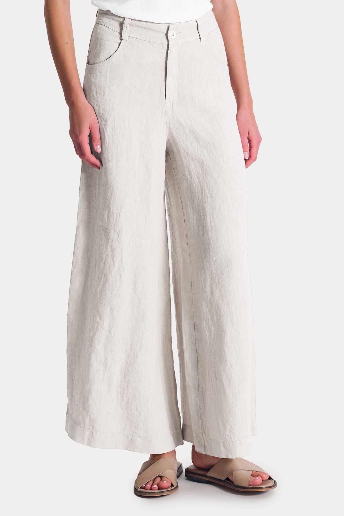 Transit Wide Leg Yüksek Belli Keten Pantolon-Pantolon-Libas