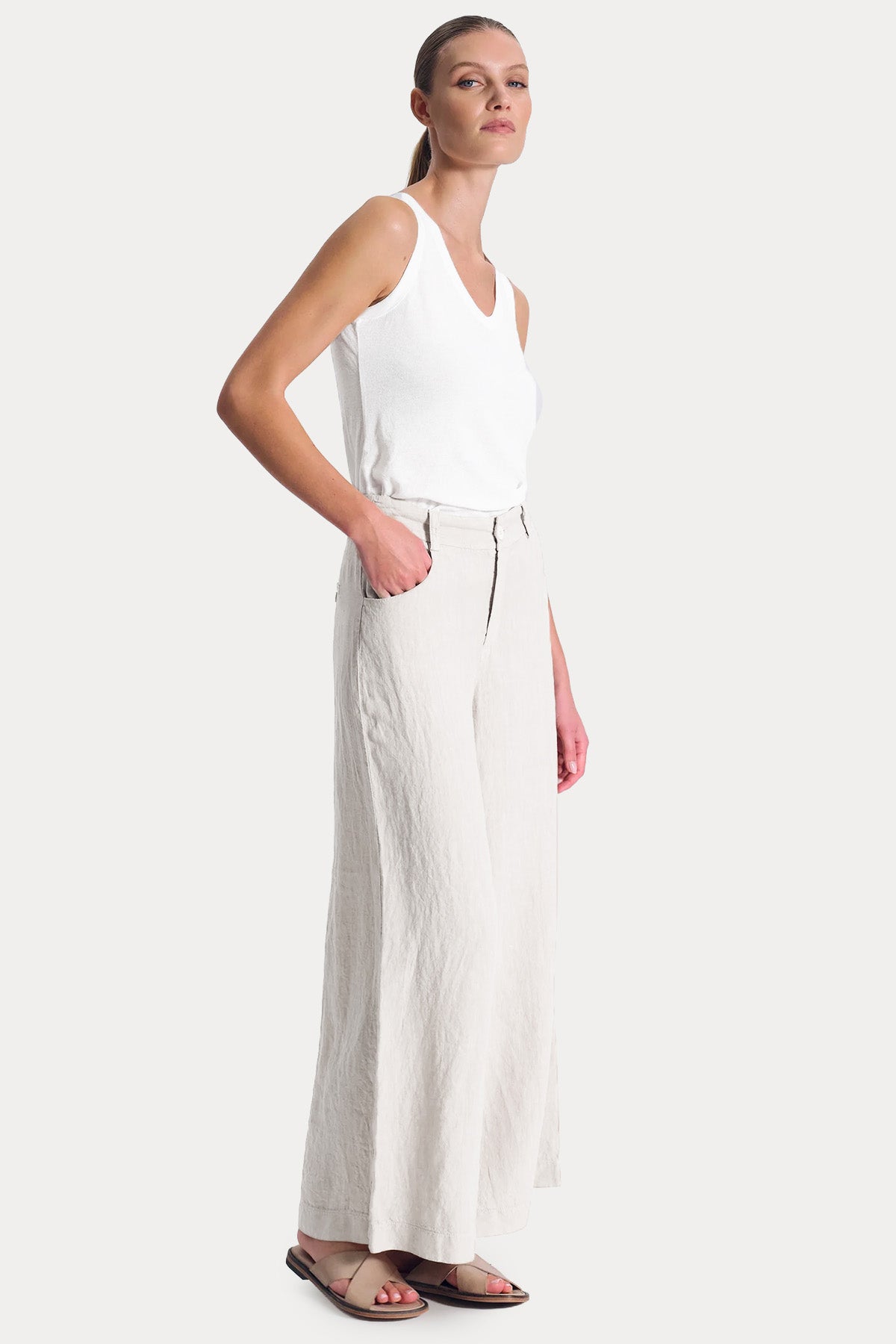Transit Wide Leg Yüksek Belli Keten Pantolon-Pantolon-Libas