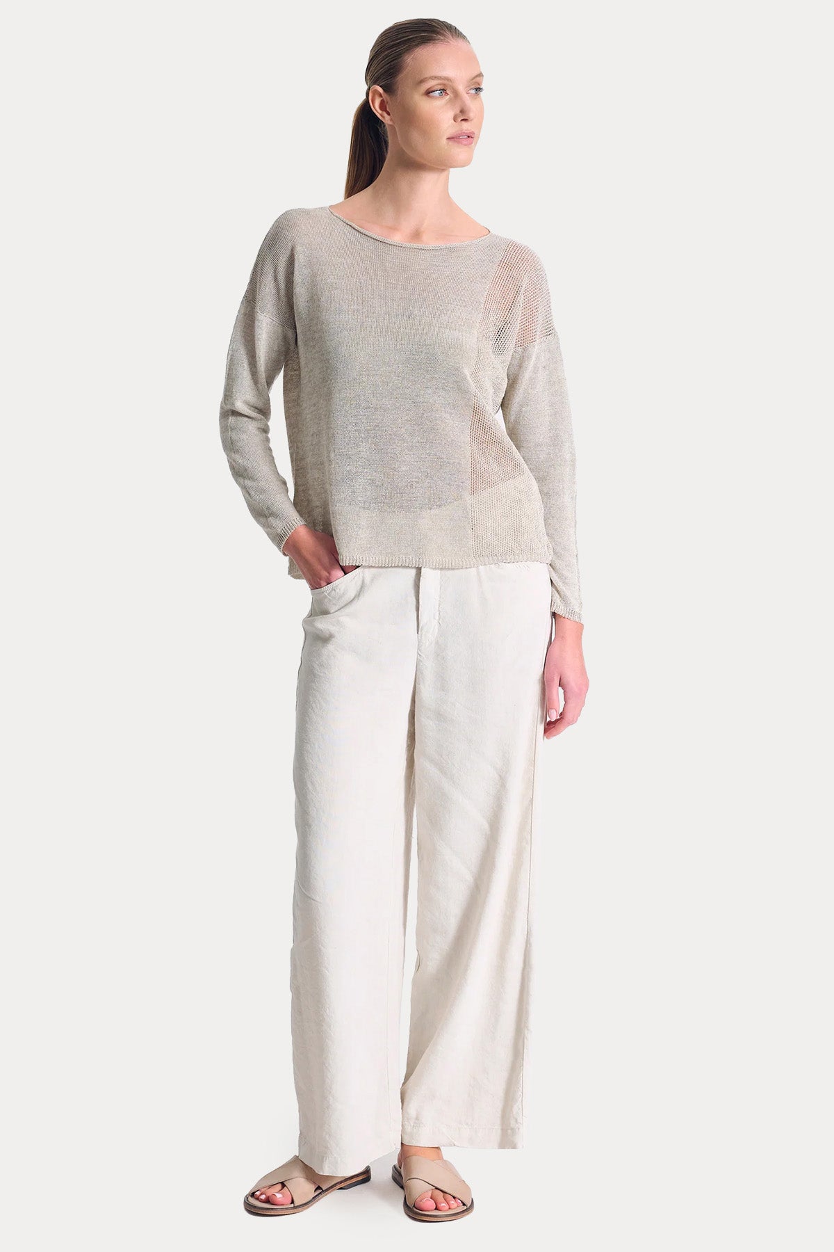 Transit Comfort Fit İnce Örgü Keten Triko