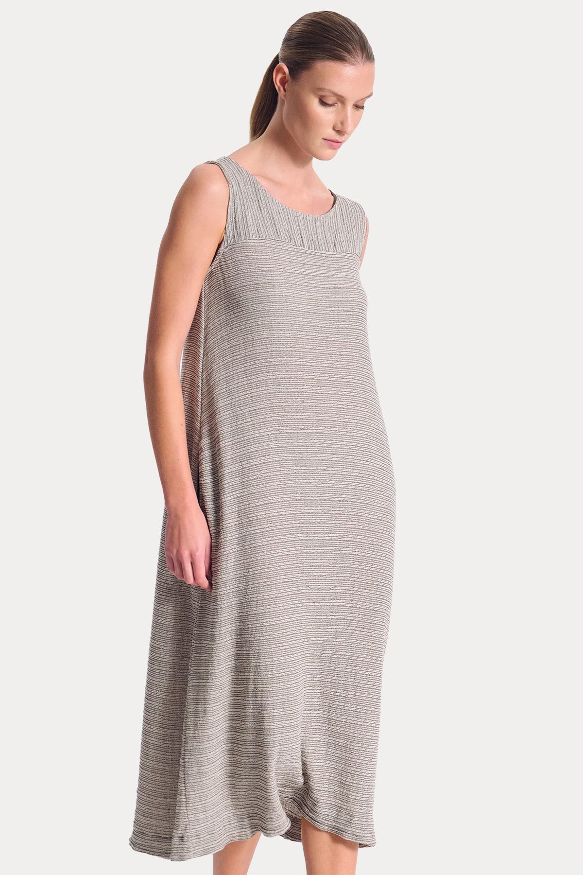 Transit Relaxed Fit Yuvarlak Yaka Keten Midi Elbise-Elbise-Libas