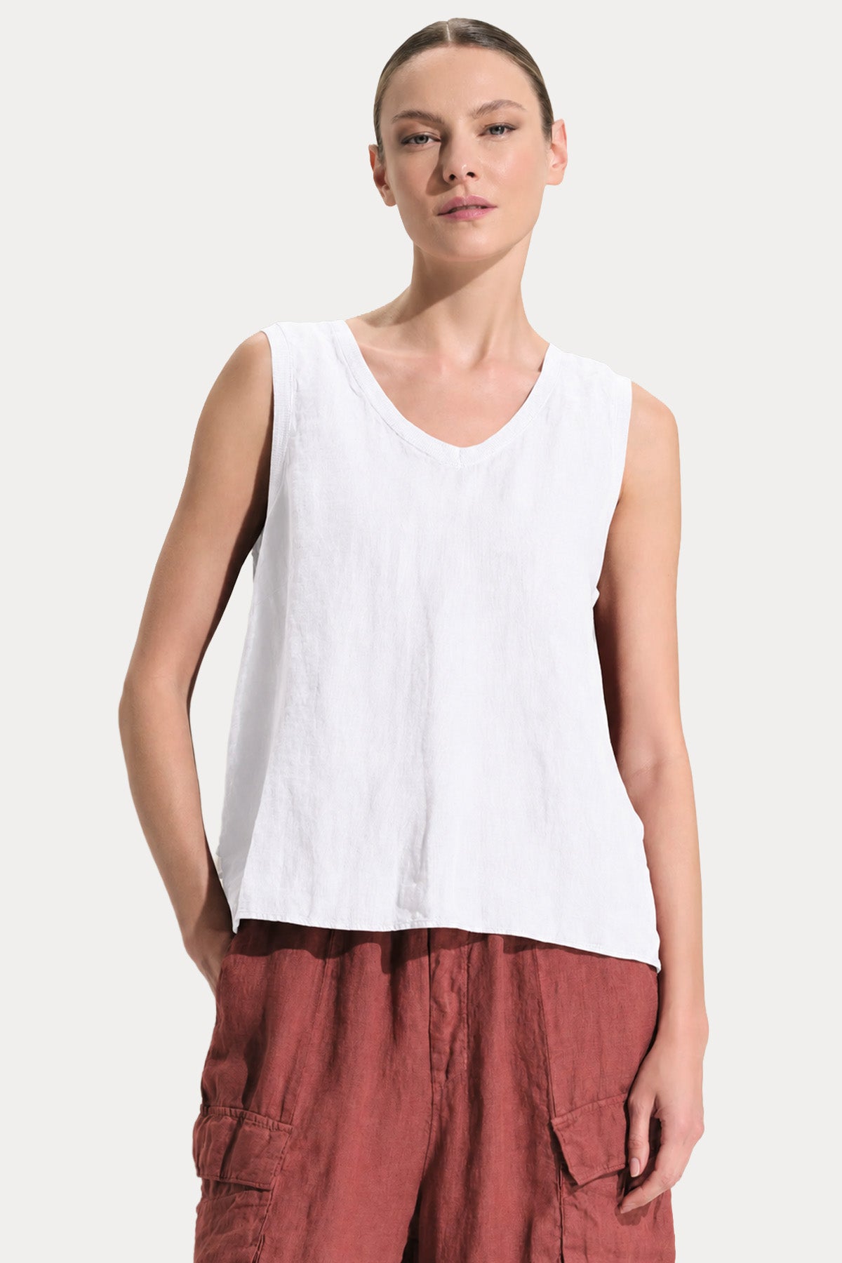 Transit Comfort Fit V Yaka Keten Bluz