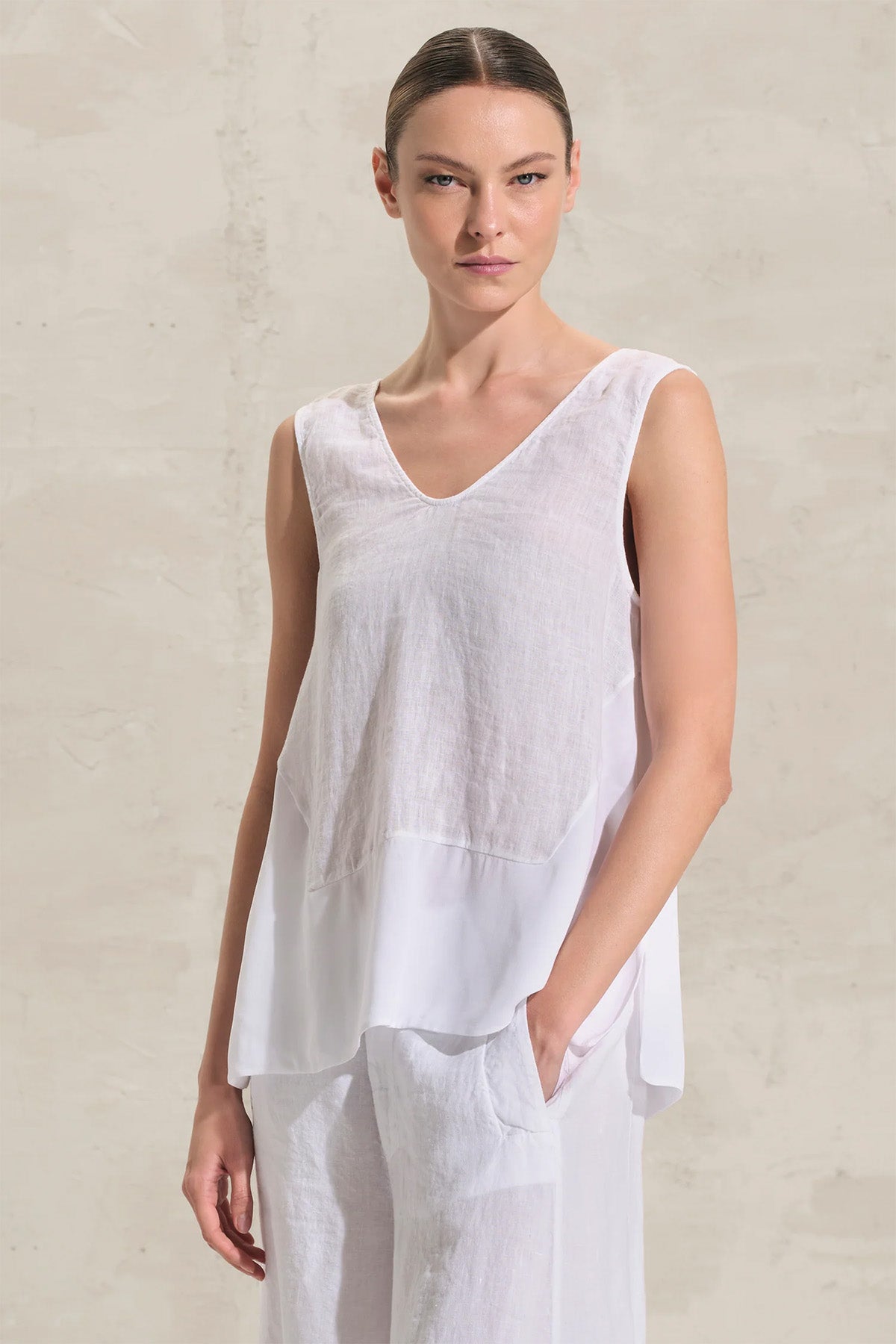 Transit Comfort Fit V Yaka Keten Bluz
