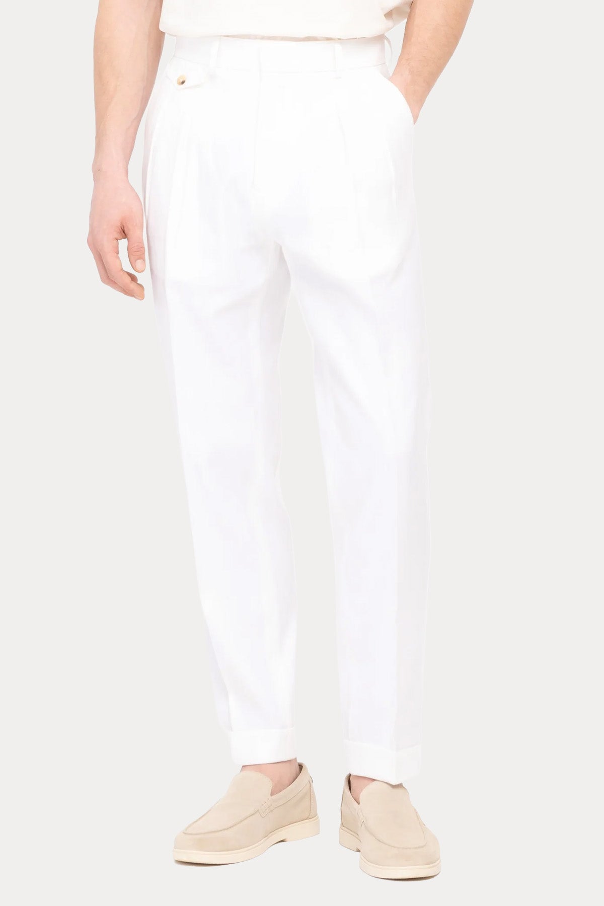 Paoloni Wide Fit Tek Pile Keten Pantolon-Pantolon-Libas