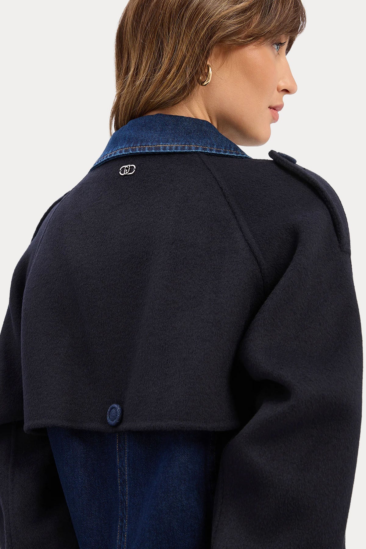 Liu Jo Relaxed Fit Denim Detaylı Yün Kruvaze Kısa Kaban