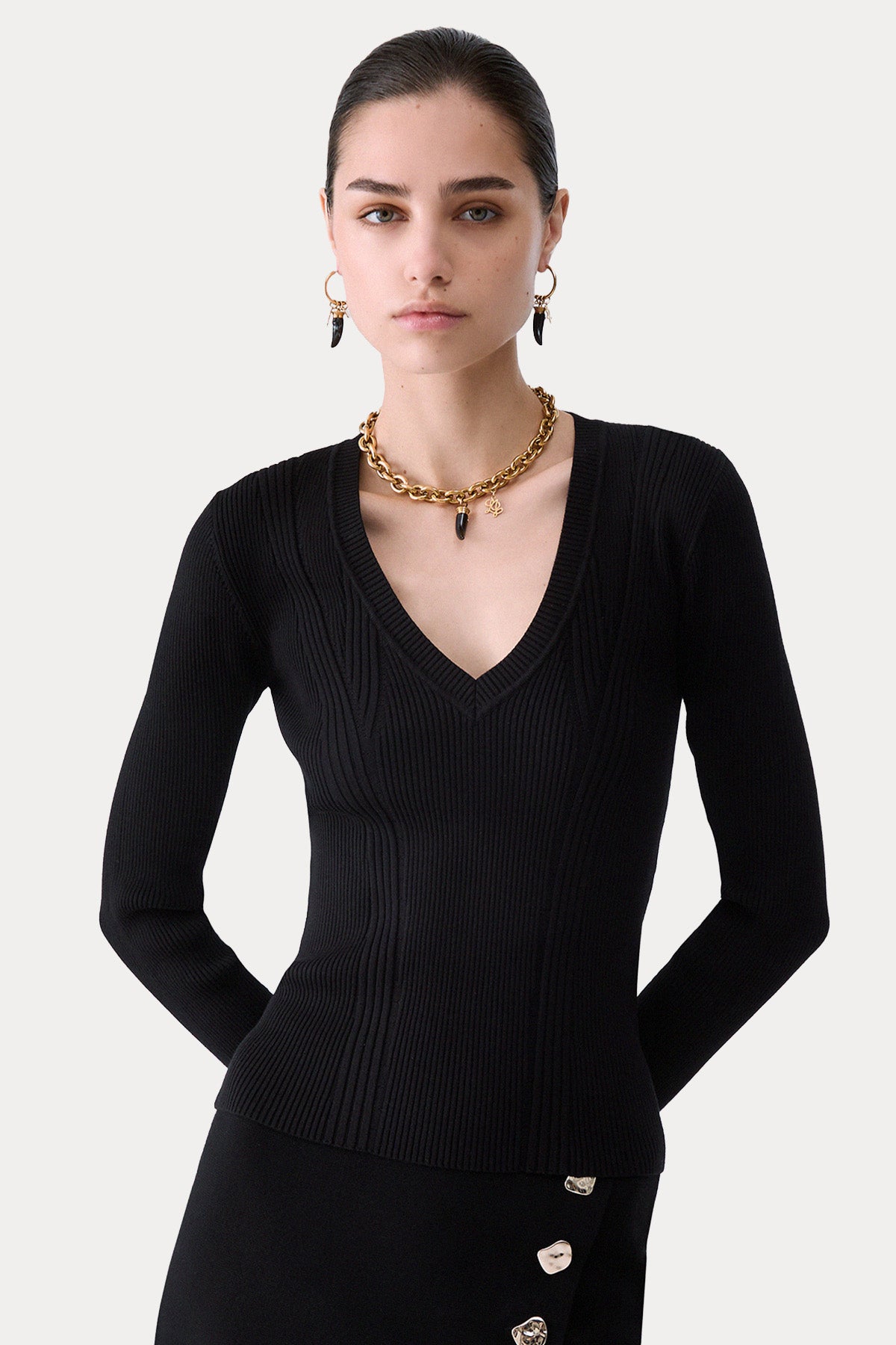 Liu Jo Slim Fit V Yaka Sırt Dekolteli Fitilli Örgü Triko