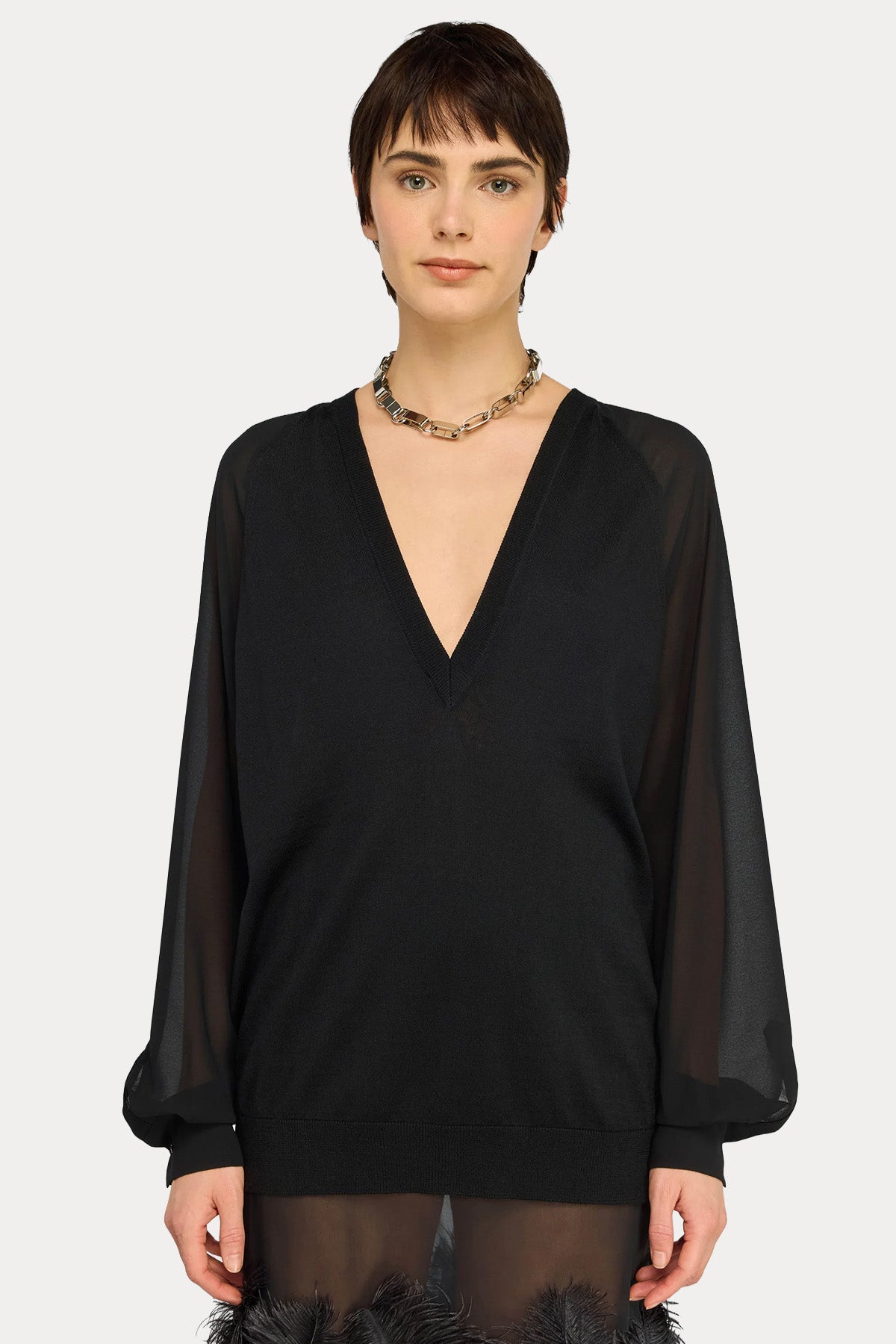 Semicouture Relaxed Fit V Yaka İnce Örgü Yün Triko Bluz