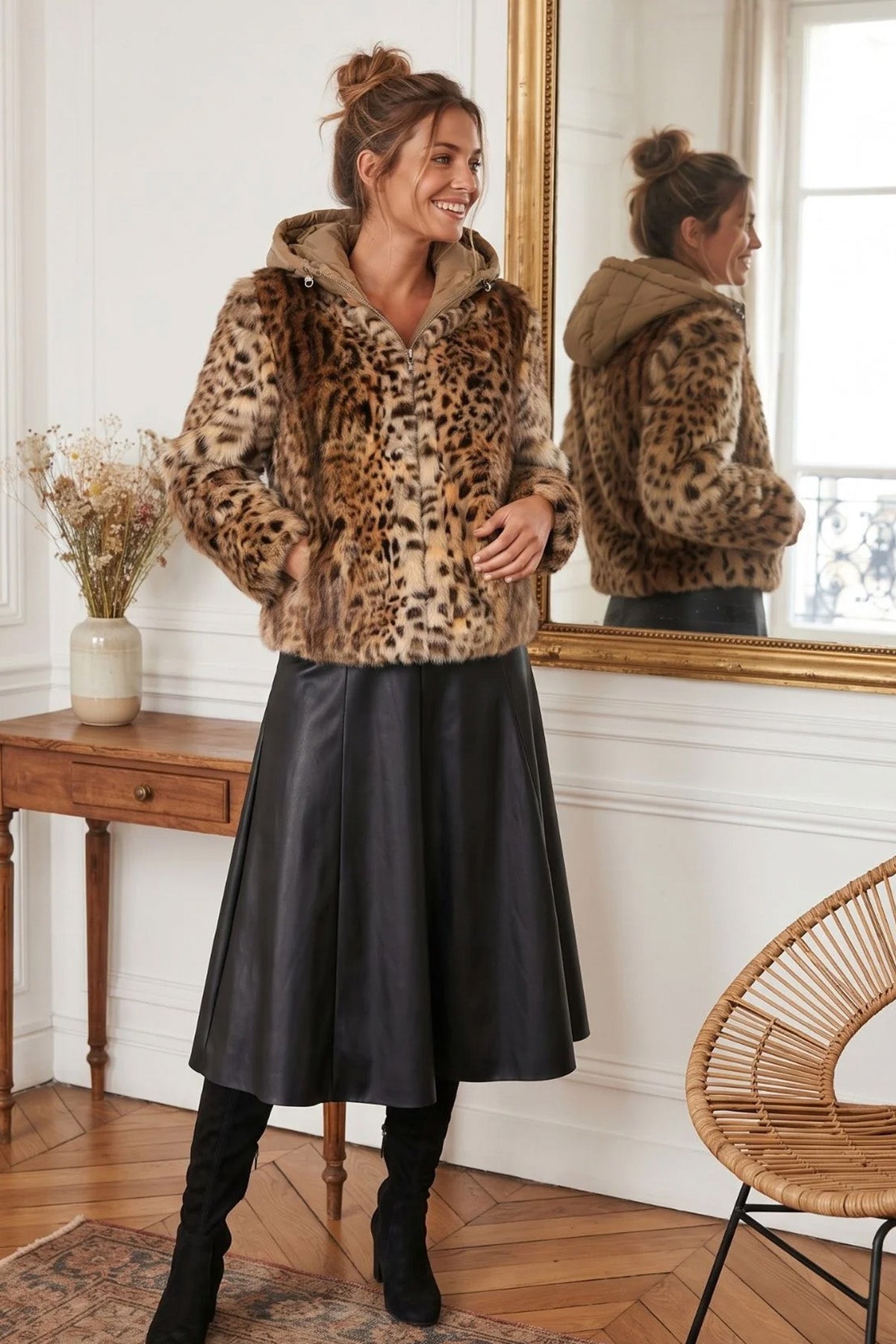 Rene Derhy Leopar Desenli Kapüşonlu Peluş Ceket