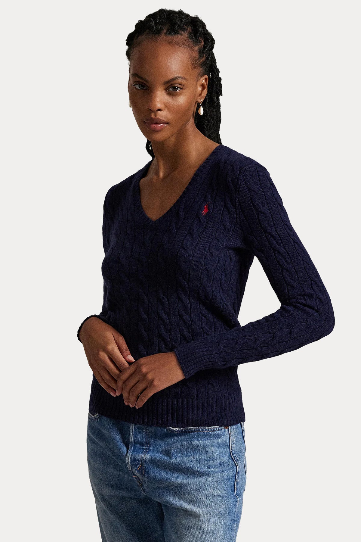 Polo Ralph Lauren Slim Fit V Yaka Saç Örgü Kaşmir Yün Triko