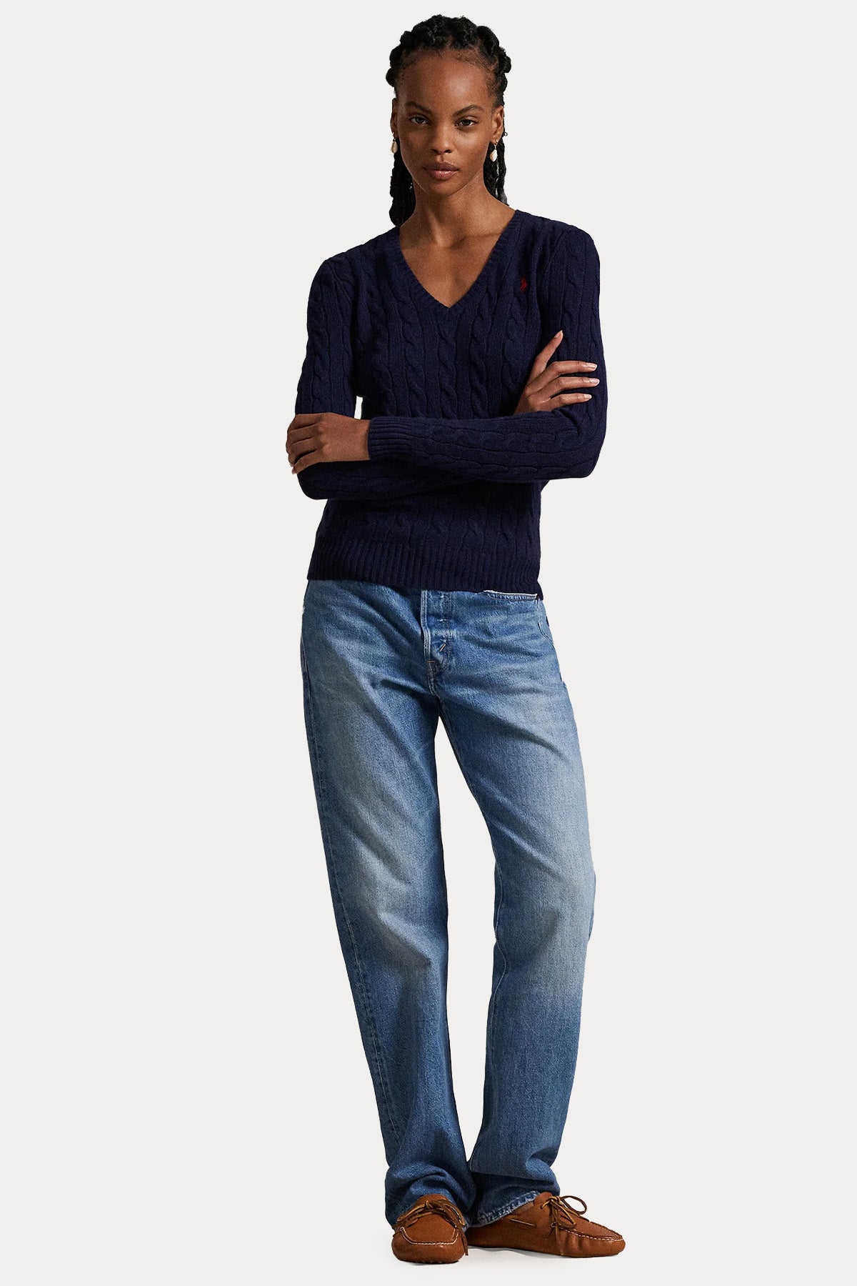 Polo Ralph Lauren Slim Fit V Yaka Saç Örgü Kaşmir Yün Triko