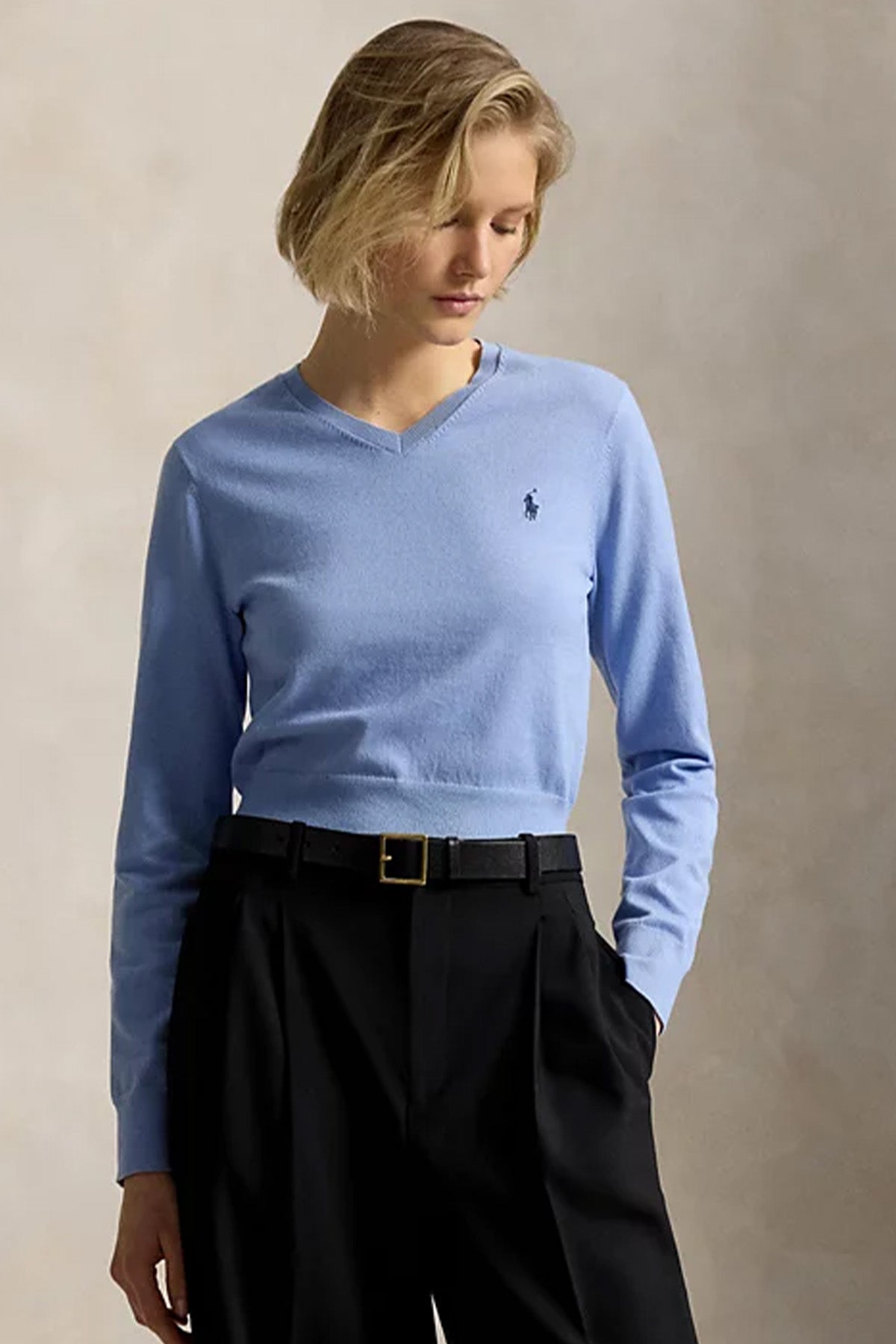 Polo Ralph Lauren Cropped Slim Fit V Yaka İnce Örgü Triko