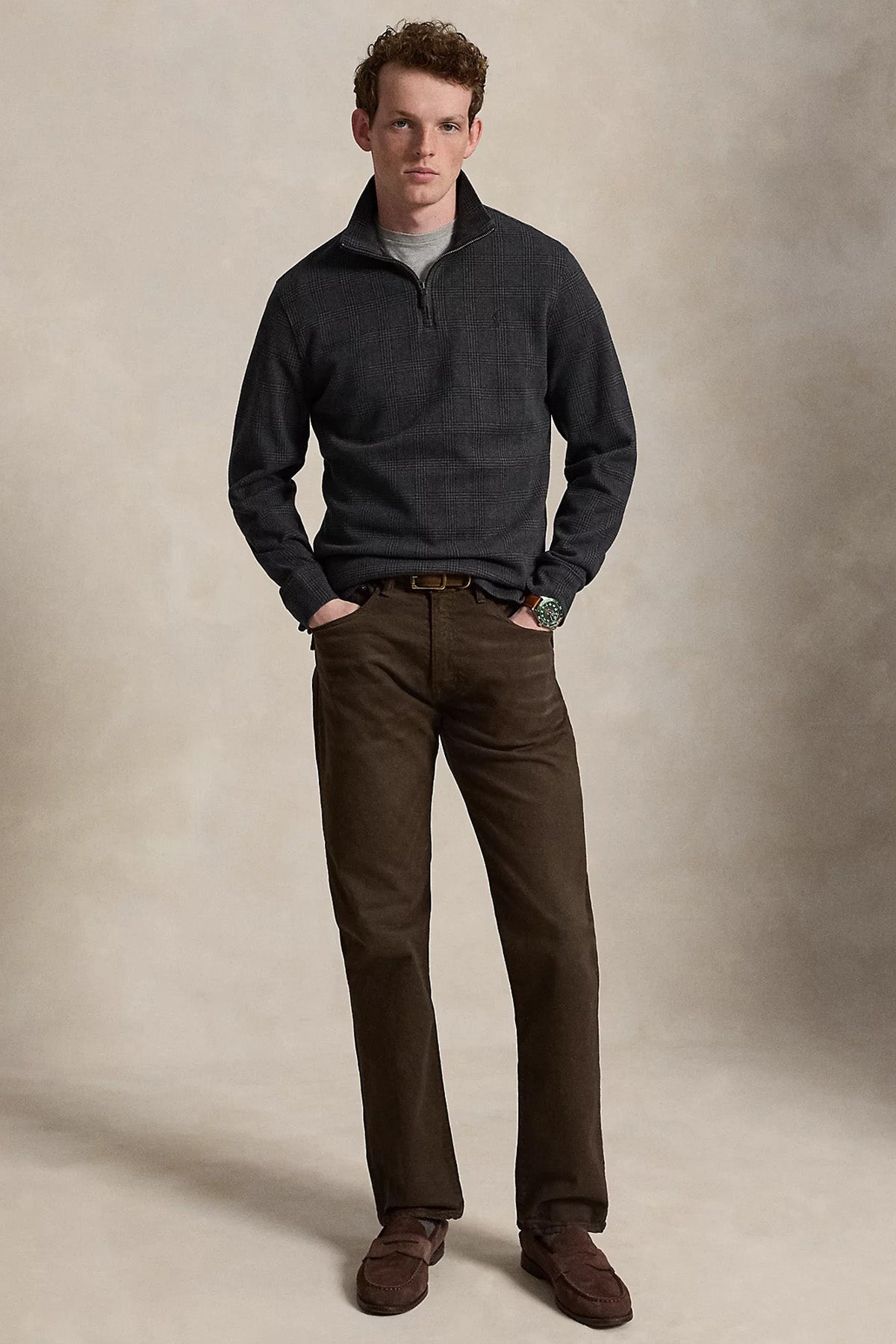 Polo Ralph Lauren Relaxed Fit Fermuarlı Dik Yaka Ekose Desenli Triko