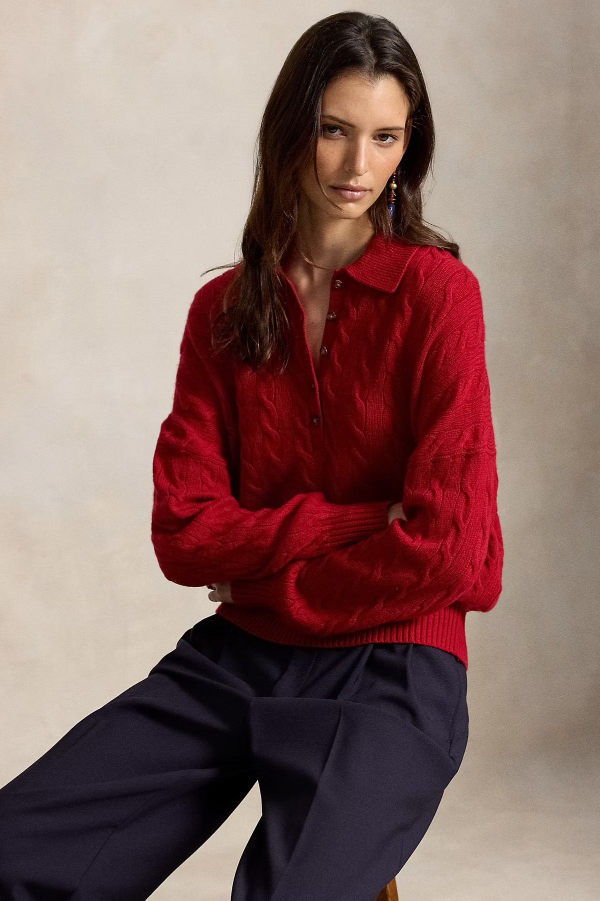 Polo Ralph Lauren Relaxed Fit Kaşmir Saç Örgü Polo Yaka Yün Triko