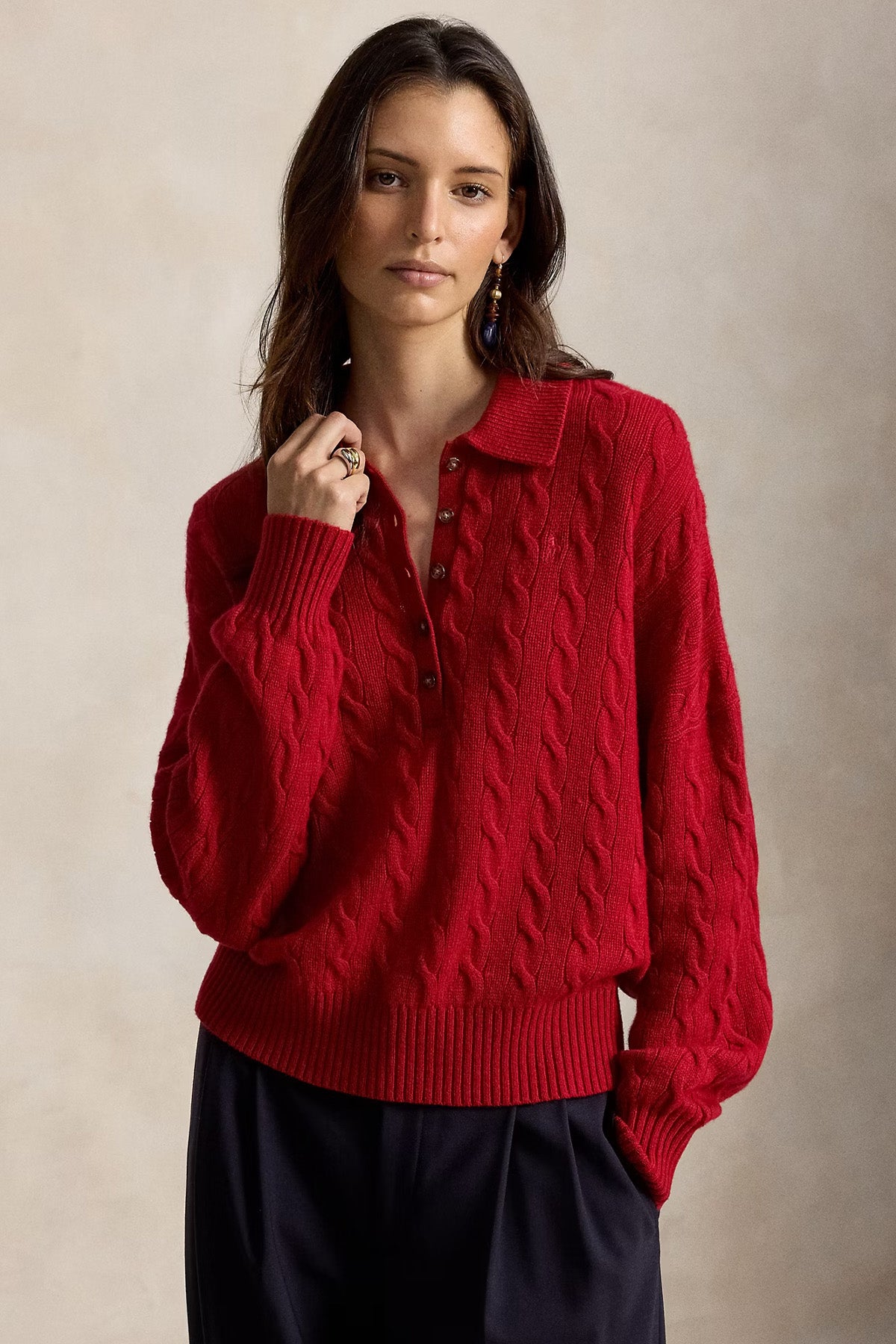 Polo Ralph Lauren Relaxed Fit Kaşmir Saç Örgü Polo Yaka Yün Triko