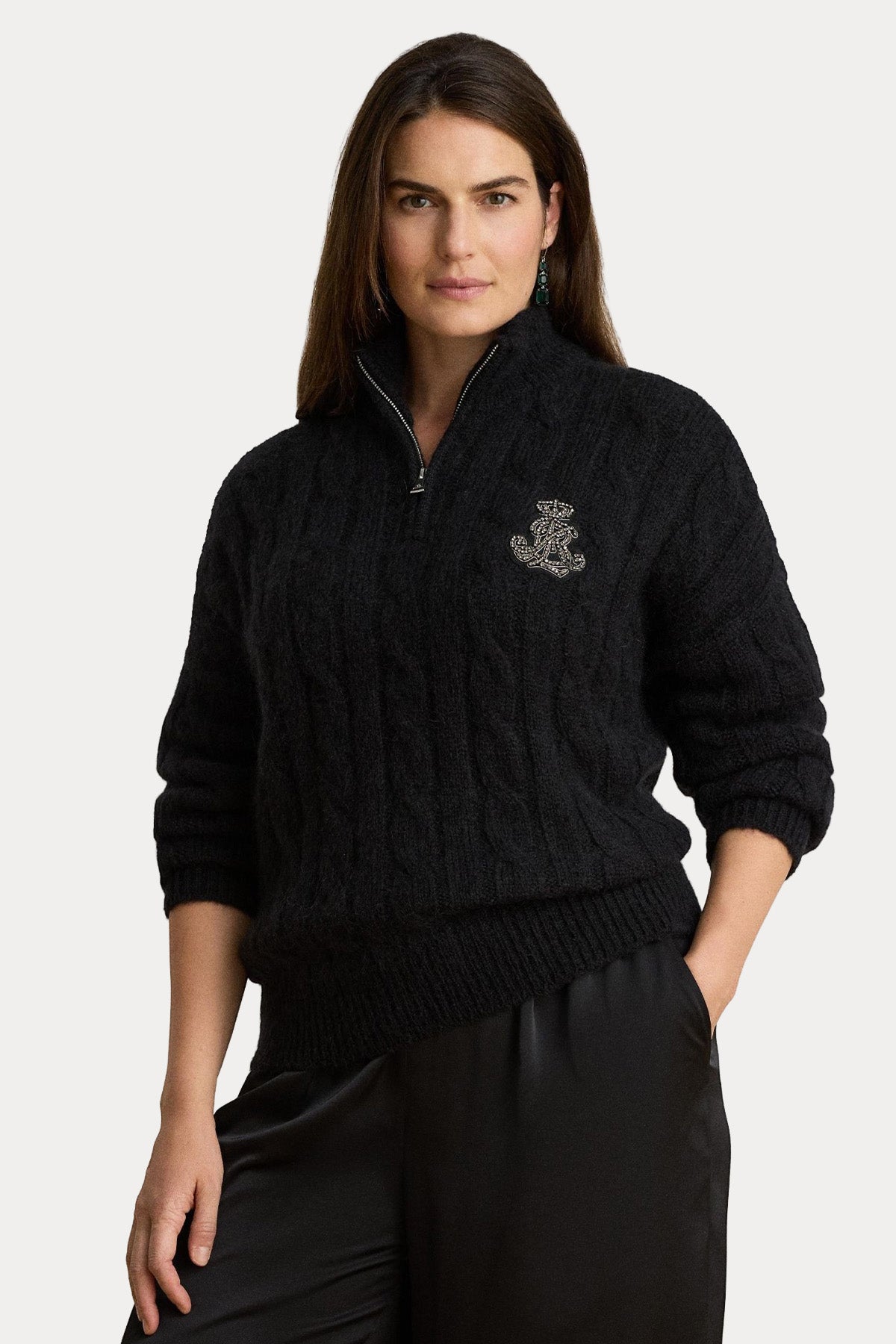 Polo Ralph Lauren Relaxed Fit Fermuarlı Dik Yaka Saç Örgü Yün Triko
