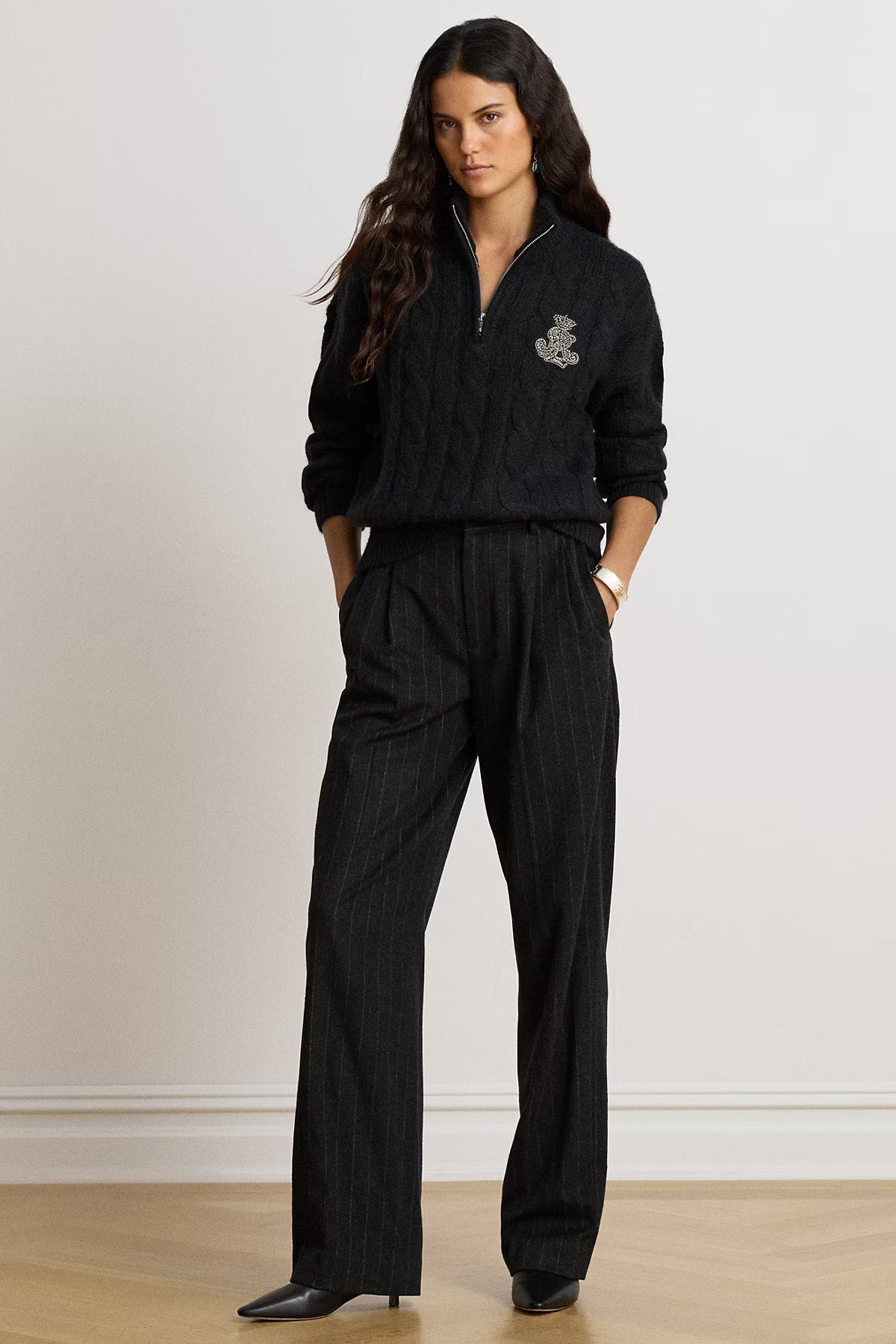 Polo Ralph Lauren Relaxed Fit Fermuarlı Dik Yaka Saç Örgü Yün Triko