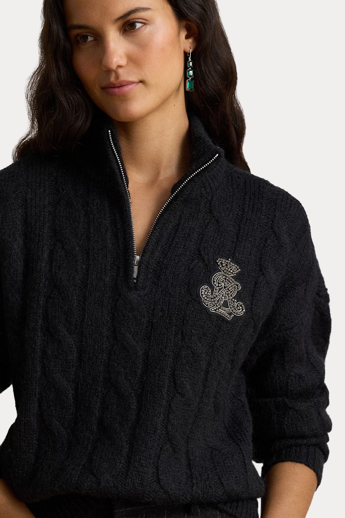 Polo Ralph Lauren Relaxed Fit Fermuarlı Dik Yaka Saç Örgü Yün Triko