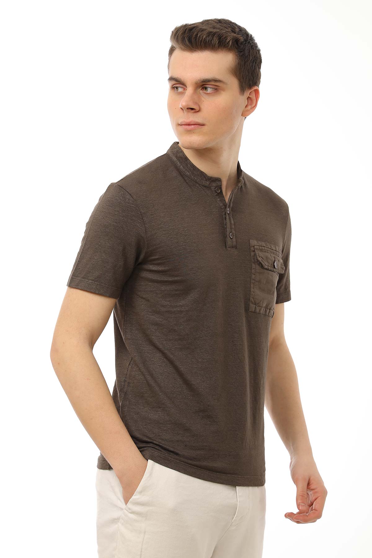 Manifattura Stretch Keten Hakim Yaka T-shirt-Libas Trendy Fashion Store