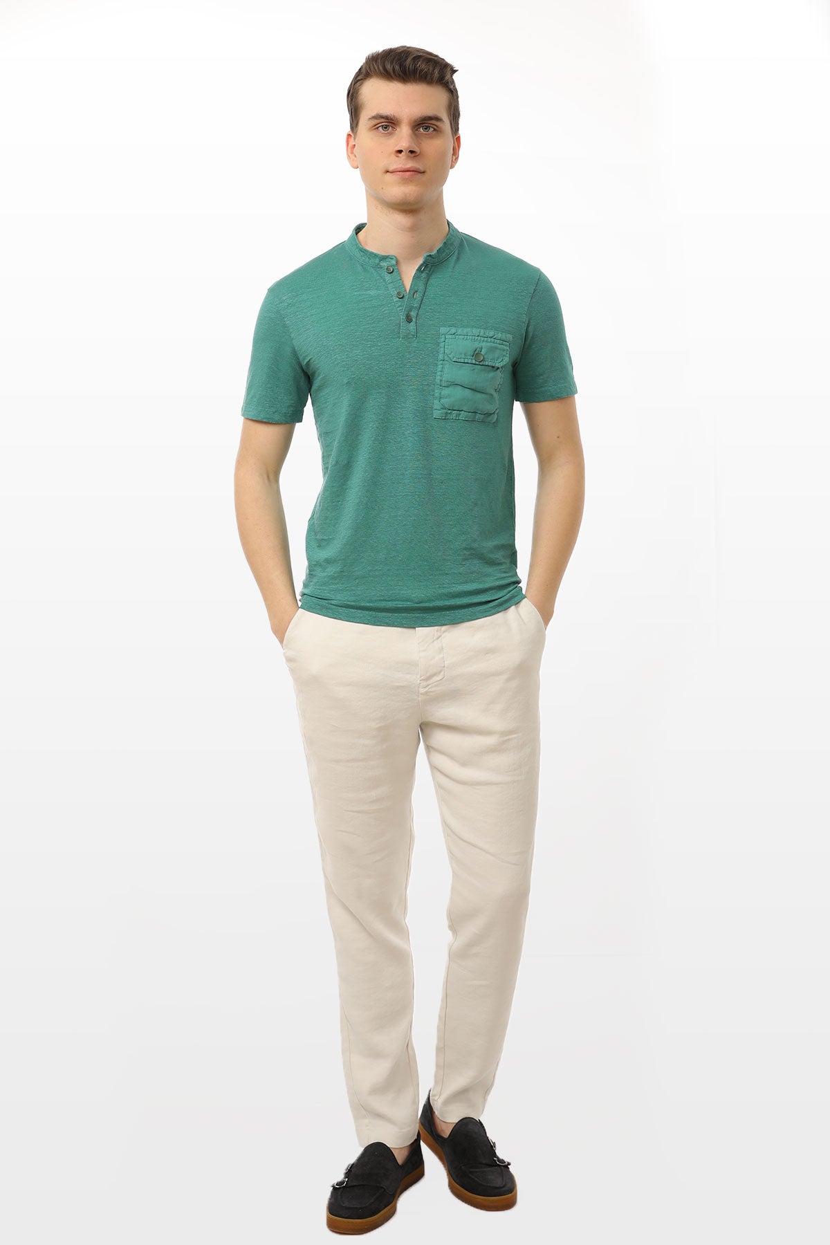 Manifattura Stretch Keten Hakim Yaka T-shirt-Libas Trendy Fashion Store