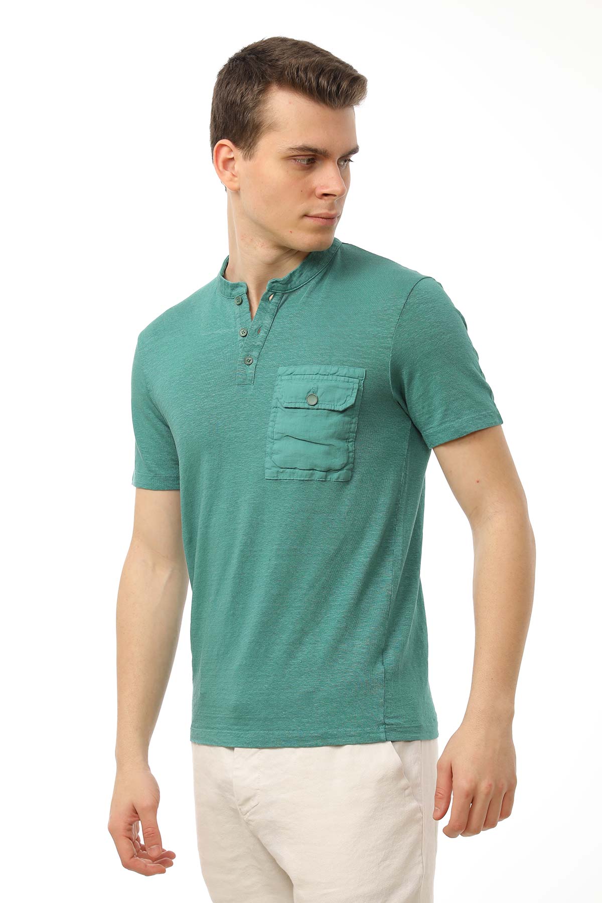 Manifattura Stretch Keten Hakim Yaka T-shirt-Libas Trendy Fashion Store