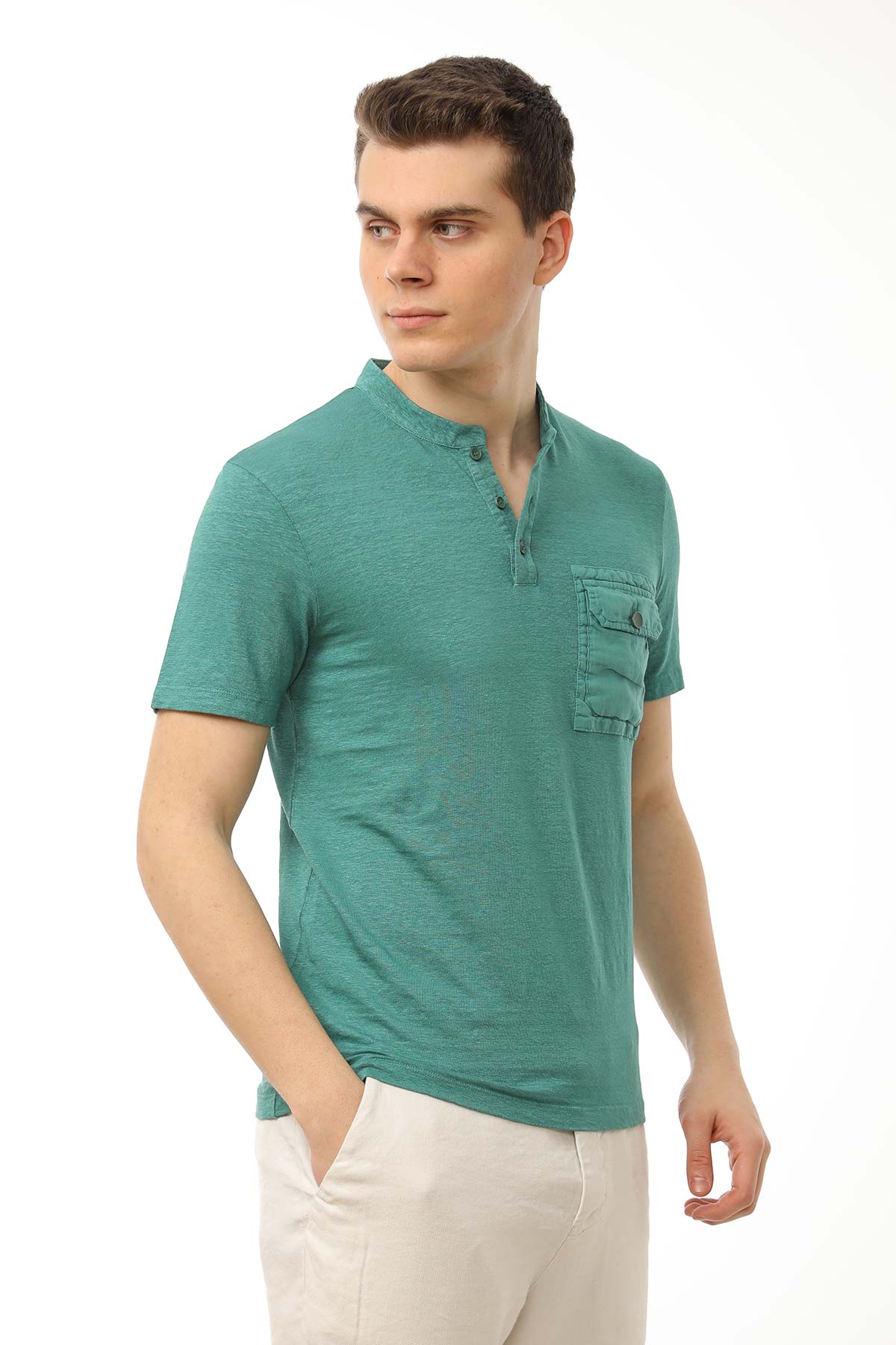 Manifattura Stretch Keten Hakim Yaka T-shirt-Libas Trendy Fashion Store