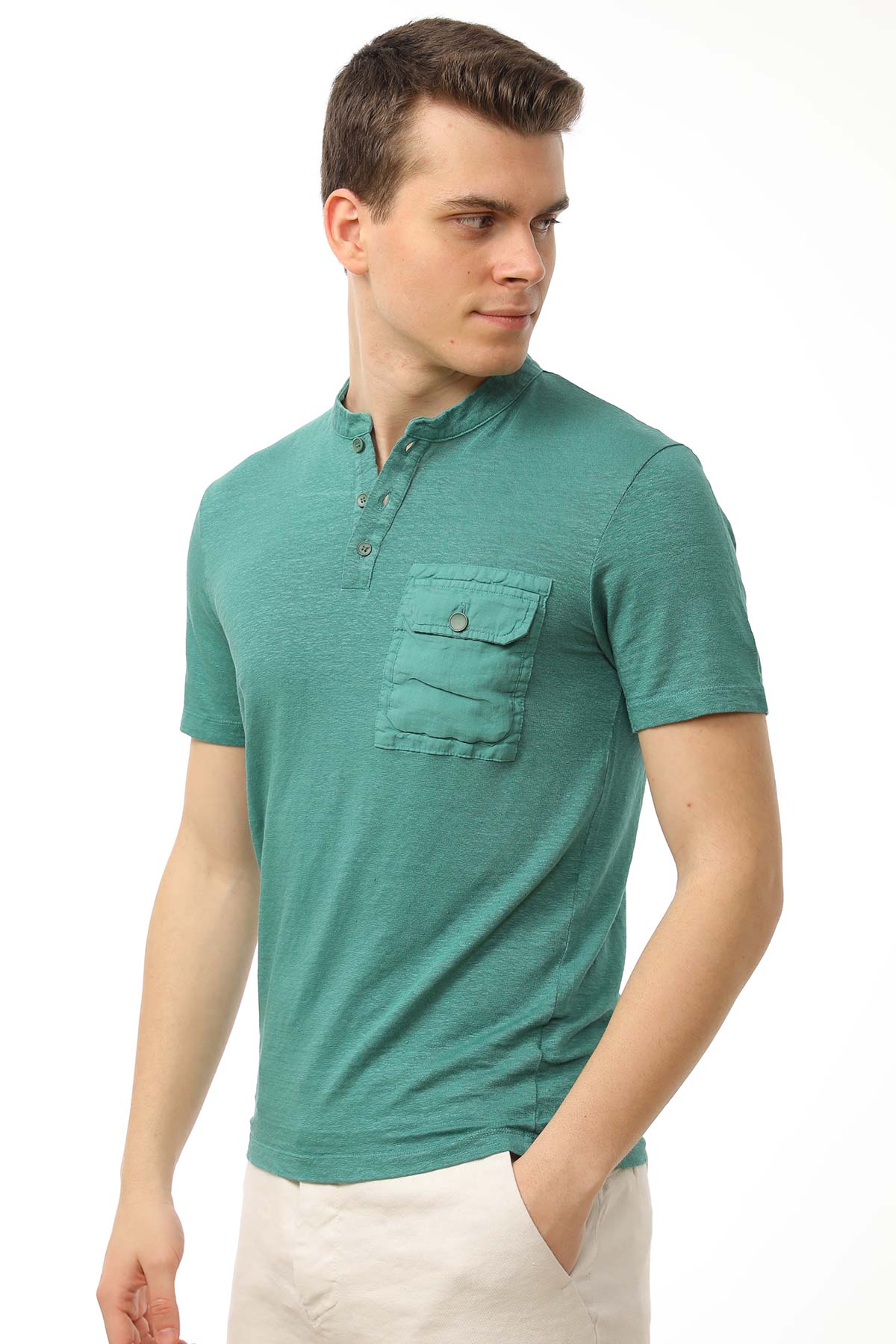 Manifattura Stretch Keten Hakim Yaka T-shirt-Libas Trendy Fashion Store