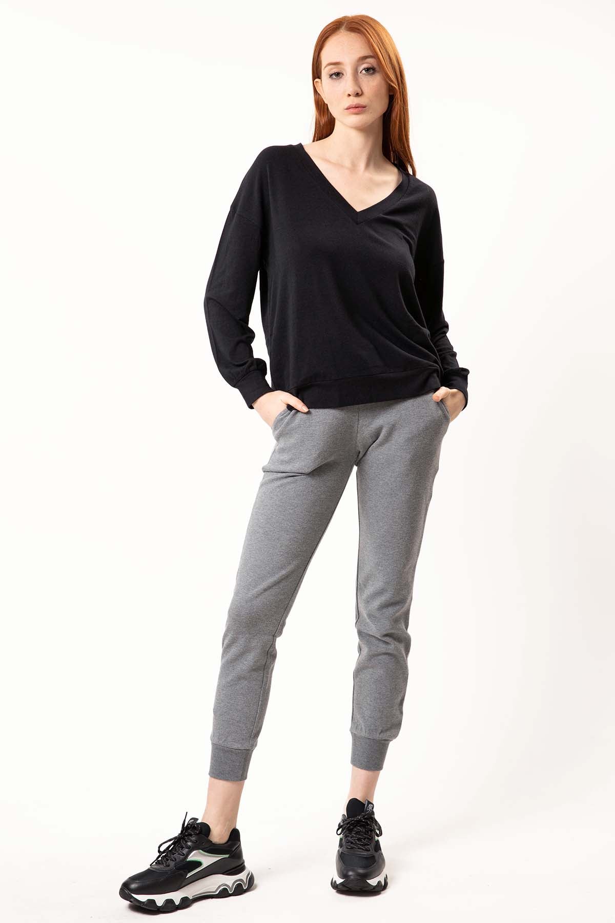 Tru V Yakalı Düşük Omuz Sweatshirt-Libas Trendy Fashion Store