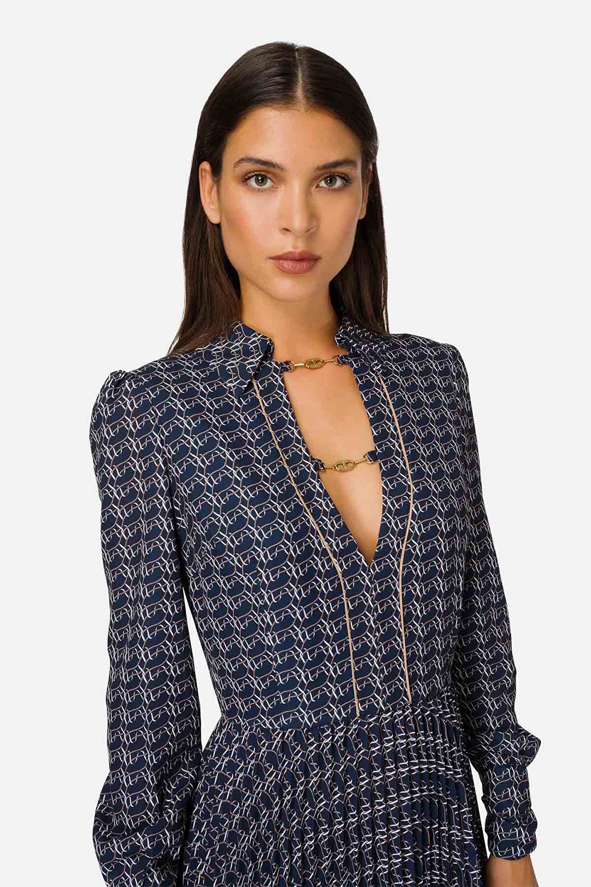 Elisabetta Franchi V Yakalı Pileli Georgette Elbise-Libas Trendy Fashion Store