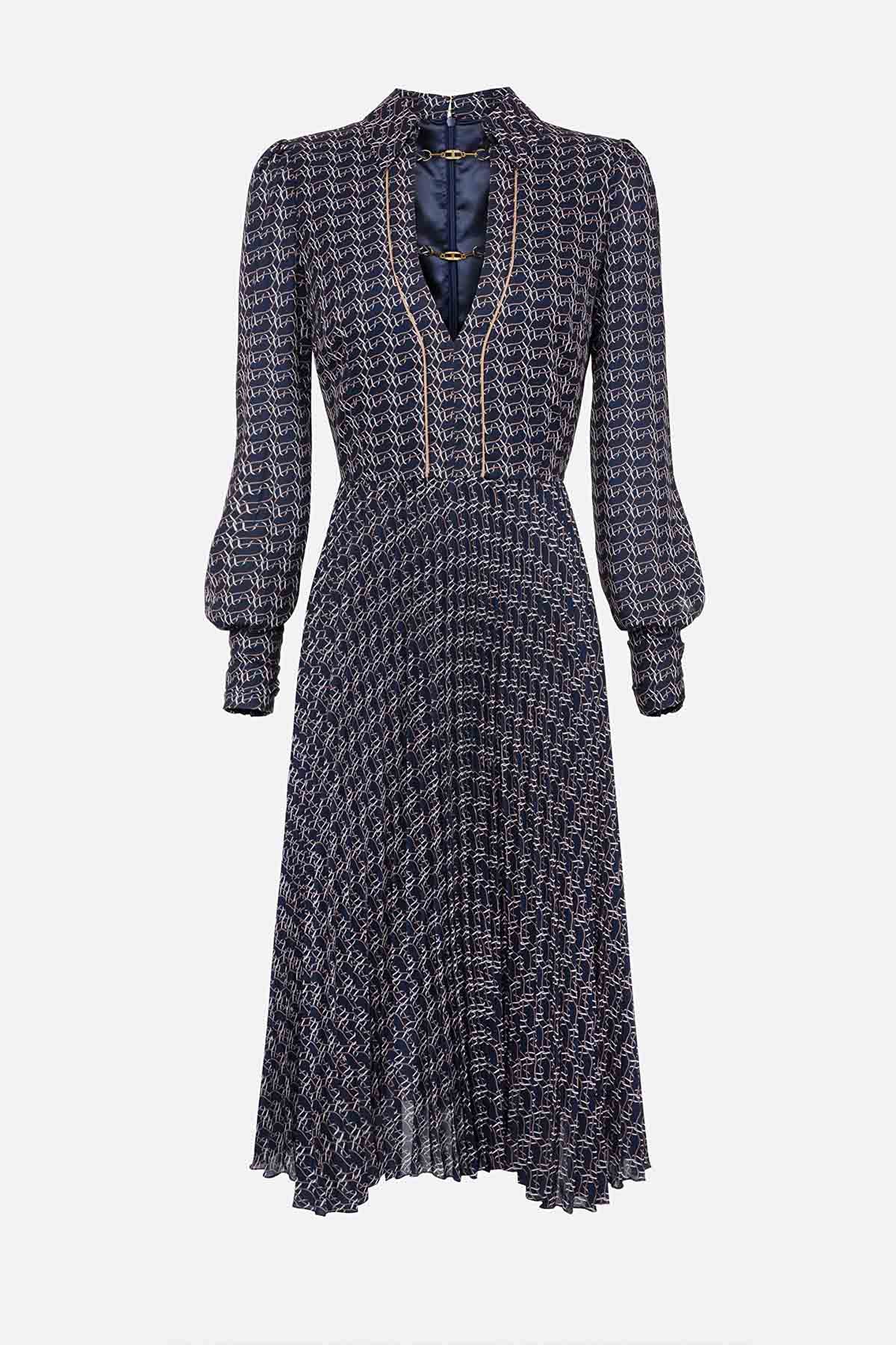 Elisabetta Franchi V Yakalı Pileli Georgette Elbise-Libas Trendy Fashion Store