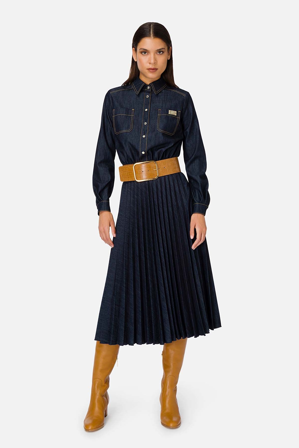 Elisabetta Franchi Pileli Denim Elbise-Libas Trendy Fashion Store