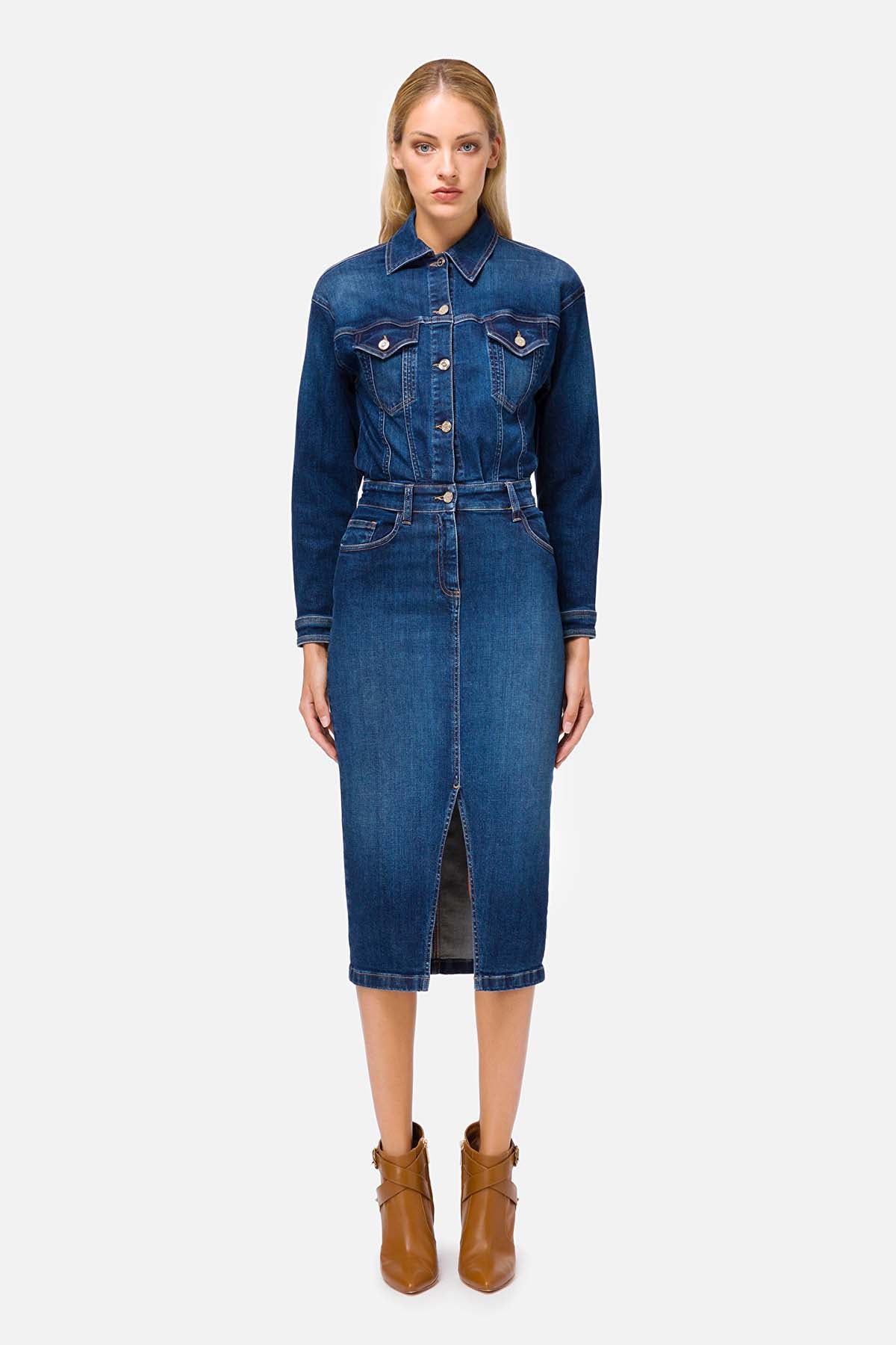 Elisabetta Franchi Yırtmaçlı Denim Elbise-Libas Trendy Fashion Store