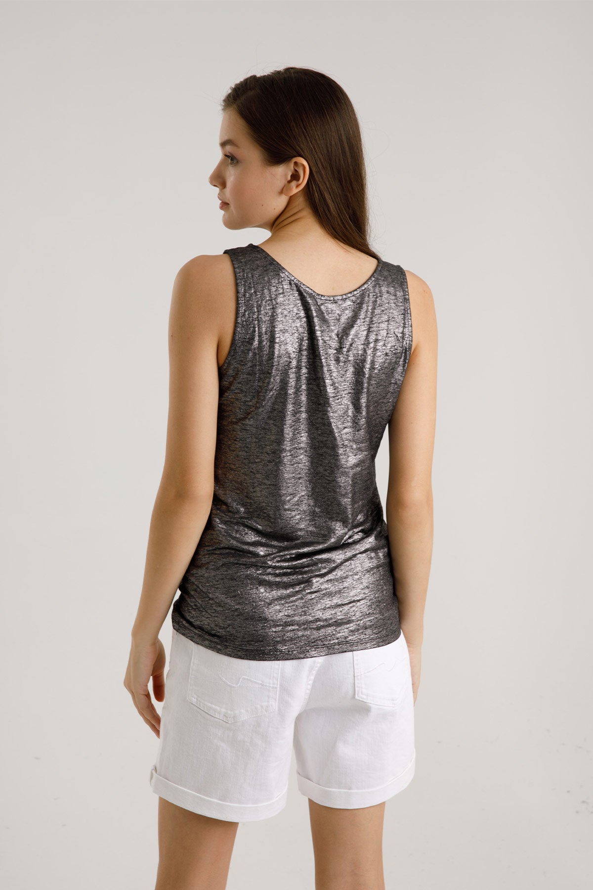 Majestic Kolsuz Geniş Askılı Streç Keten Parlak T-shirt-Libas Trendy Fashion Store