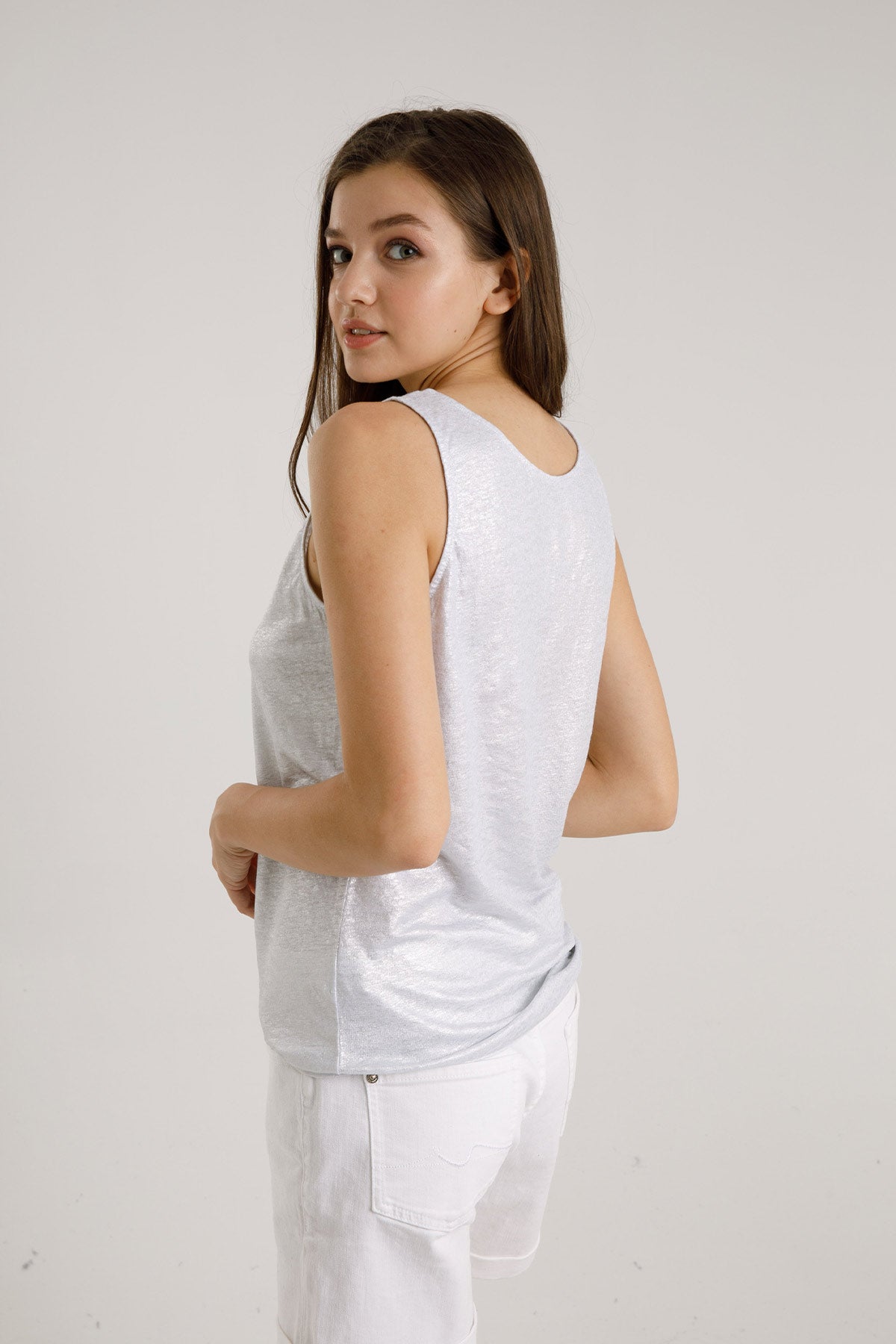 Majestic Geniş Askılı Streç Keten Parlak T-shirt-Libas Trendy Fashion Store