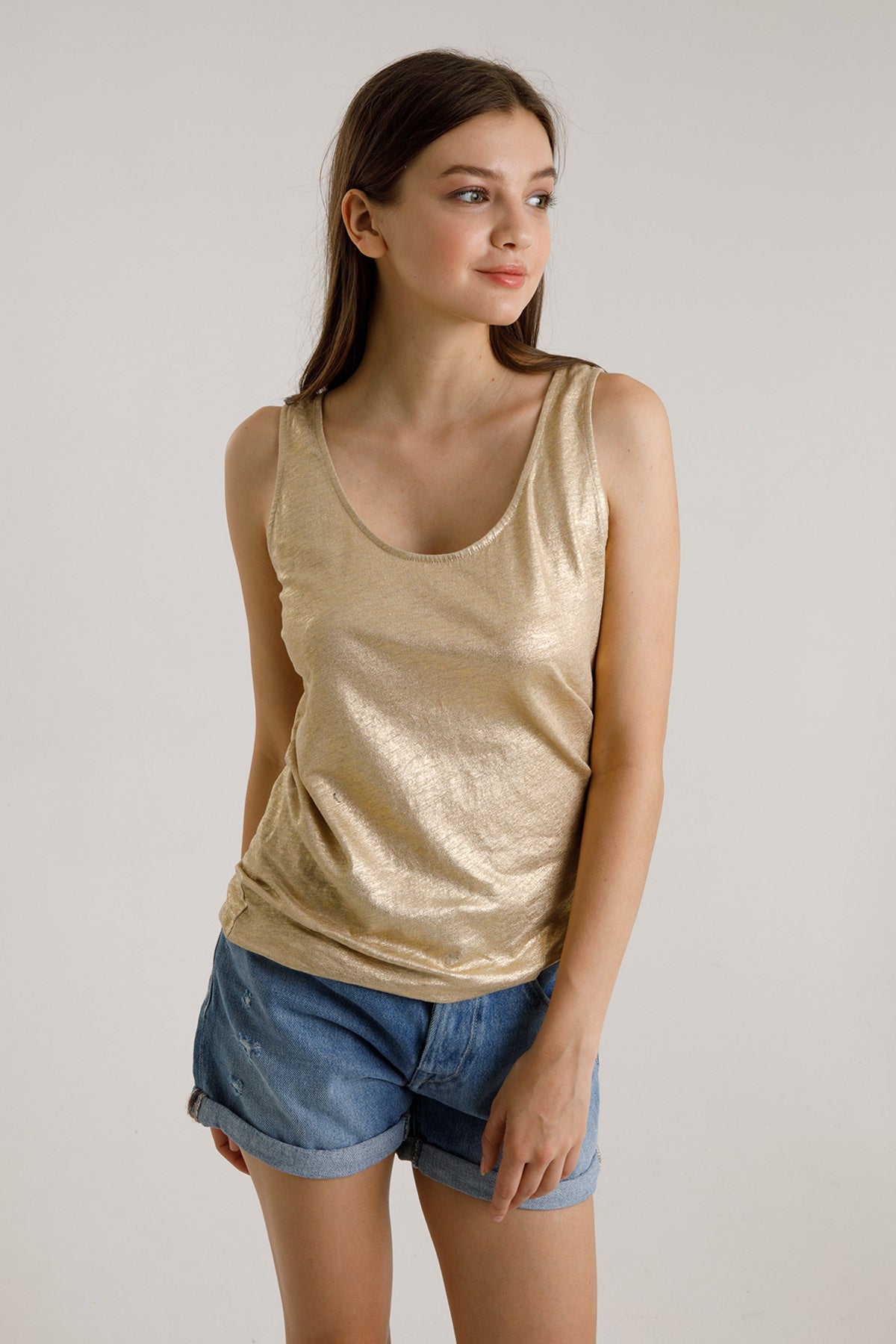 Majestic Geniş Askılı Streç Keten Parlak T-shirt-Libas Trendy Fashion Store