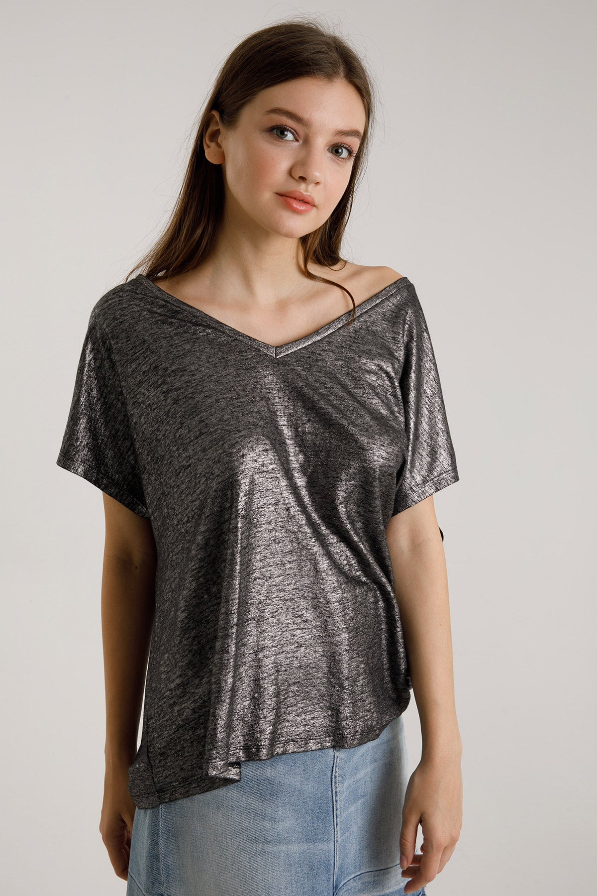 Majestic V Yaka Streç Keten T-shirt-Libas Trendy Fashion Store