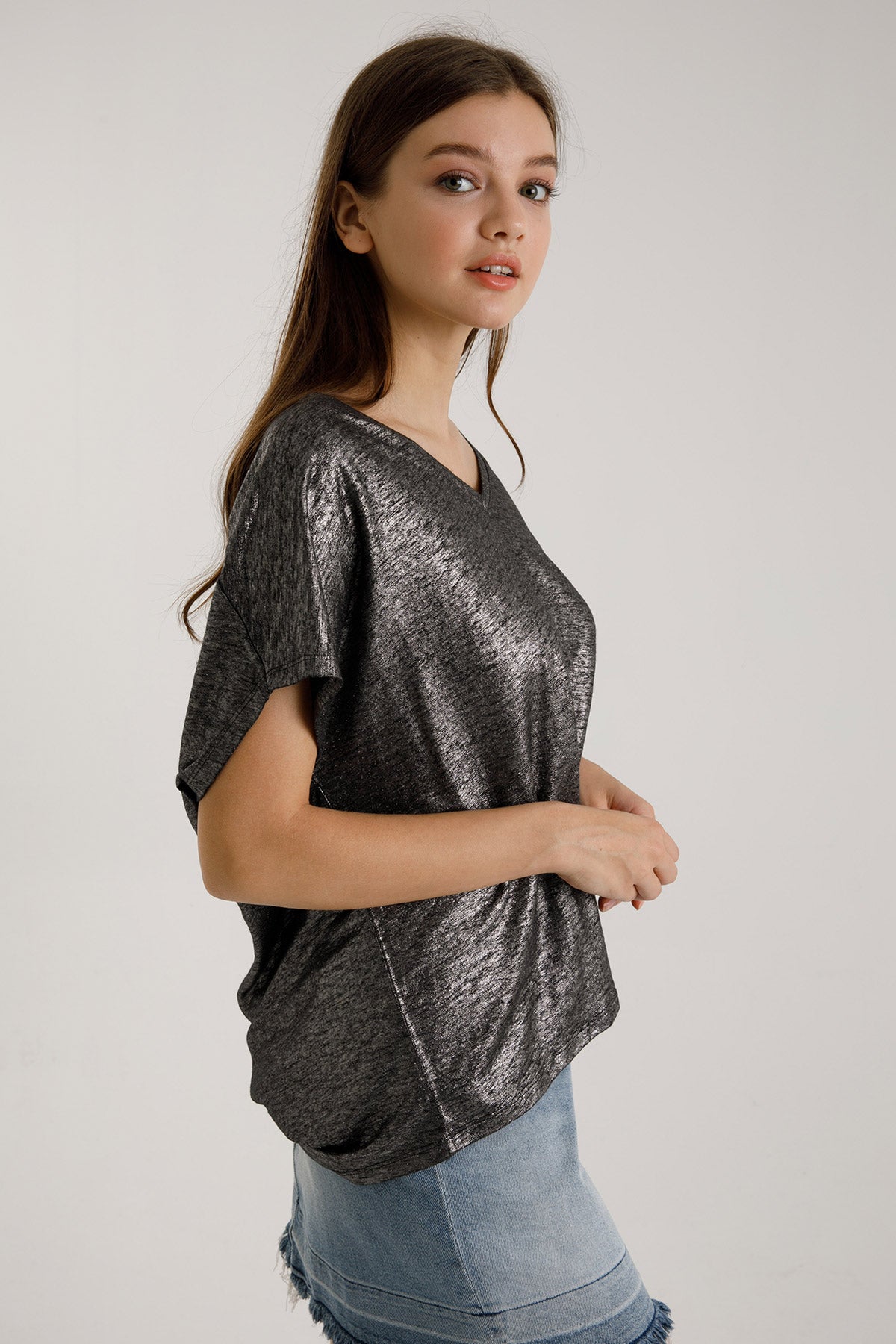 Majestic V Yaka Streç Keten T-shirt-Libas Trendy Fashion Store