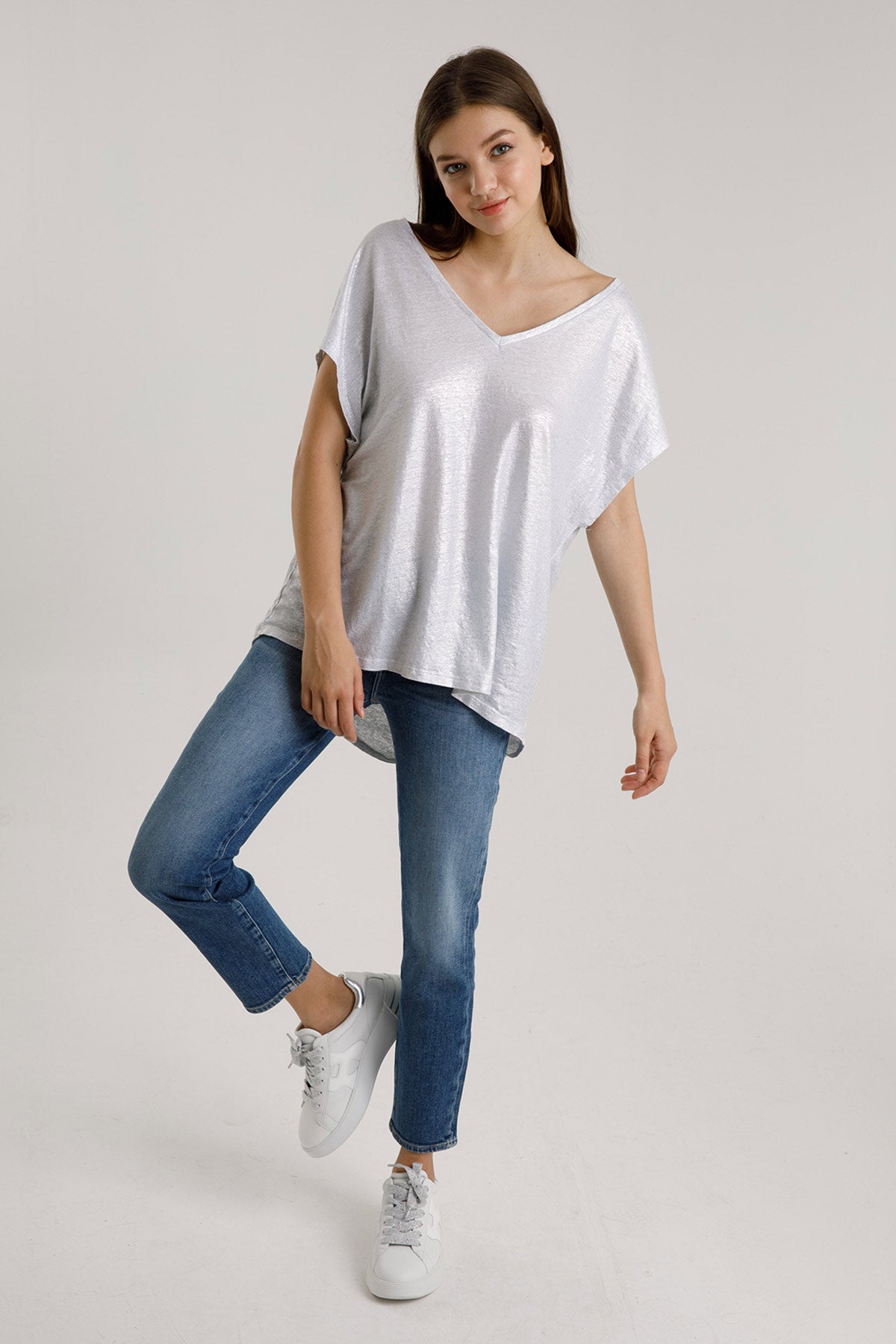 Majestic Streç Keten Rahat Kesim V Yaka T-shirt-Libas Trendy Fashion Store