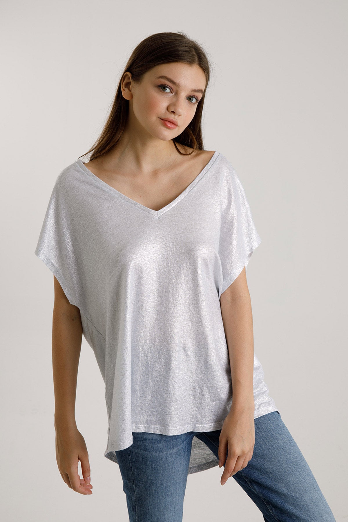 Majestic Streç Keten Rahat Kesim V Yaka T-shirt-Libas Trendy Fashion Store