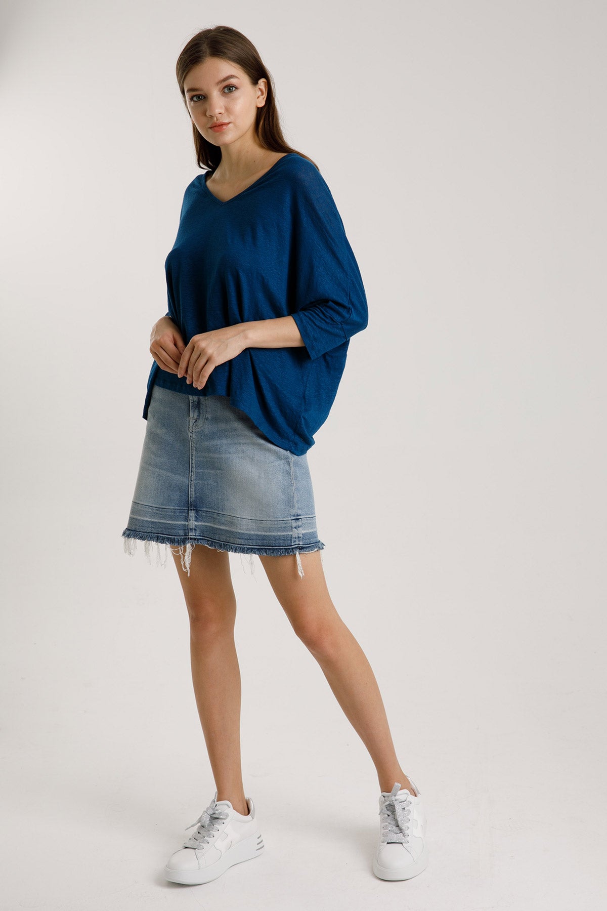 Majestic Geniş Kesim Streç Keten T-shirt-Libas Trendy Fashion Store