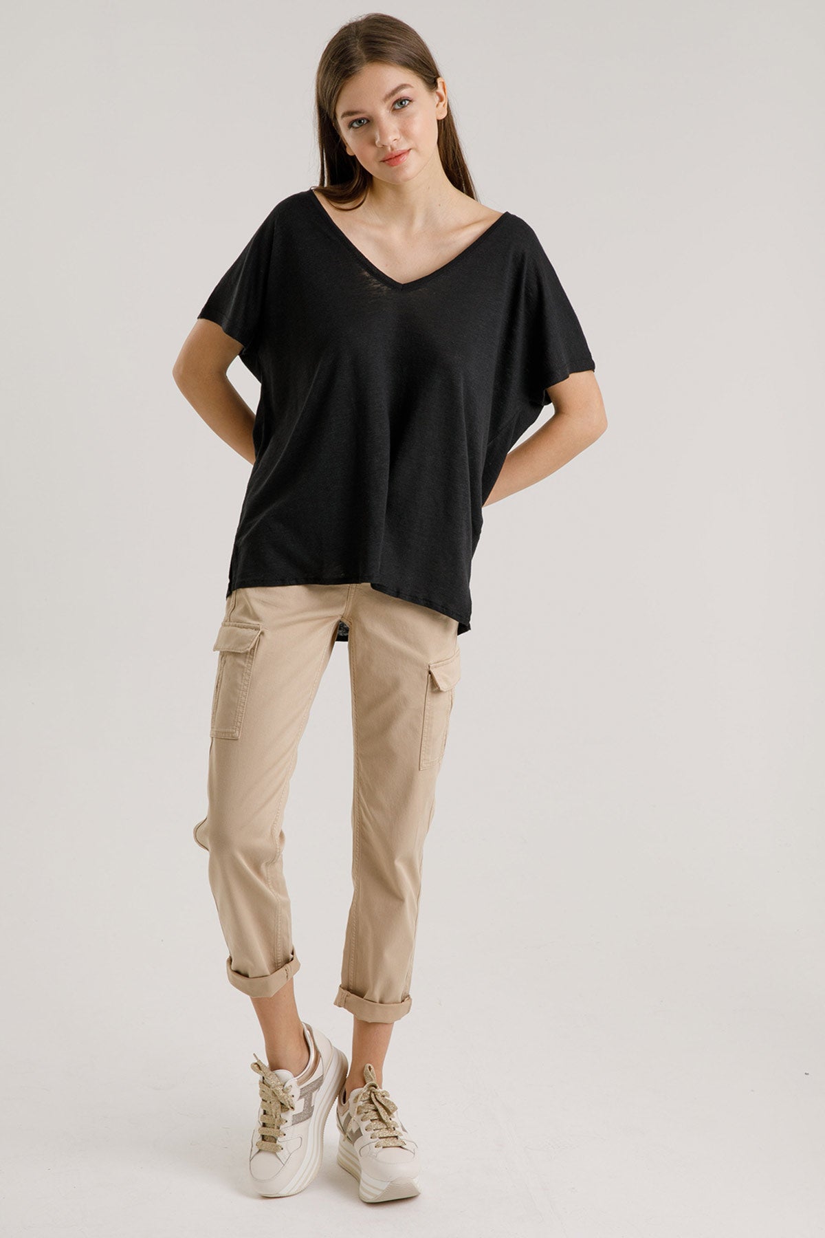 Majestic İpek Keten Rahat Kesim V Yaka T-shirt-Libas Trendy Fashion Store