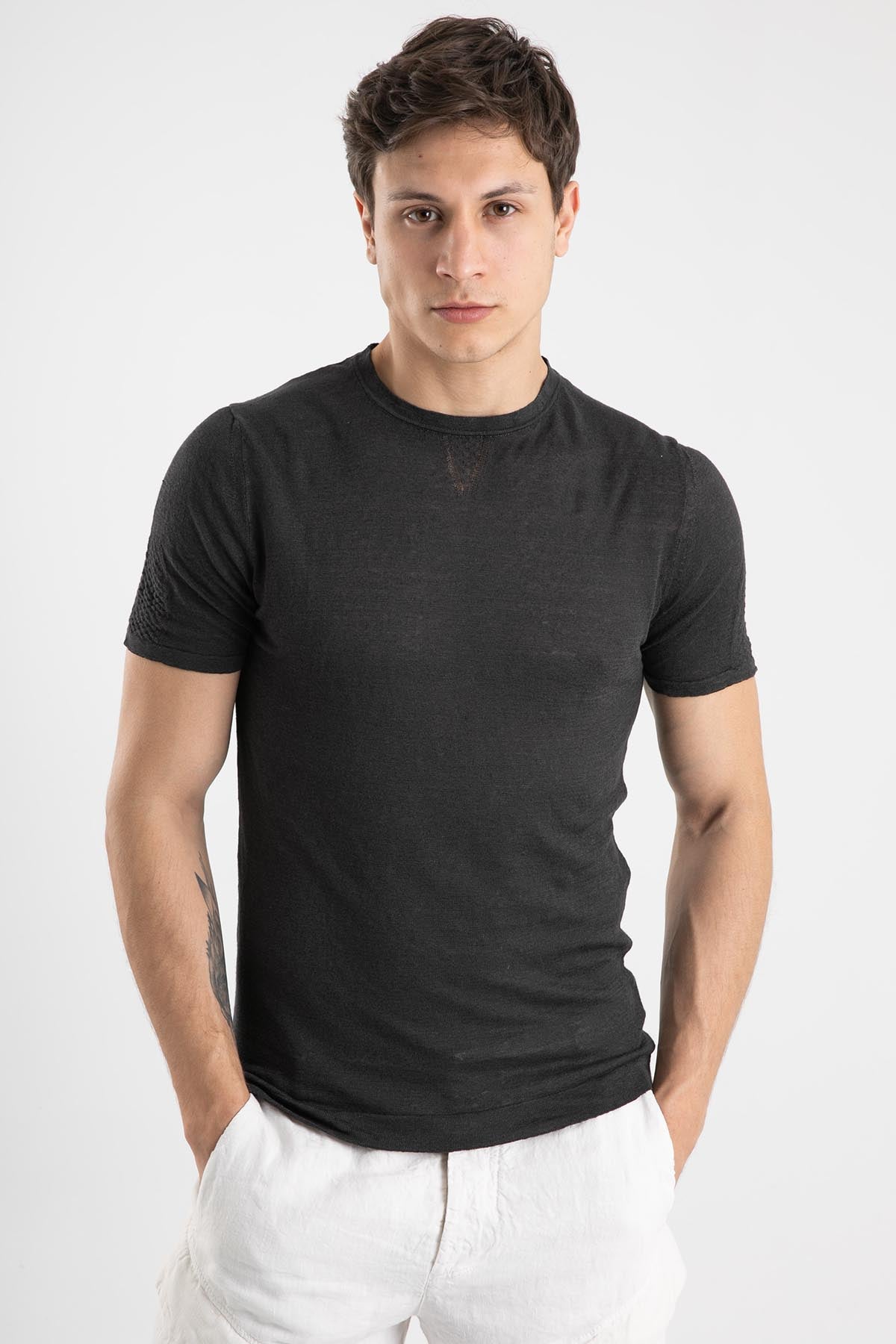 Manifattura Yuvarlak Yaka Keten T-shirt-Libas Trendy Fashion Store